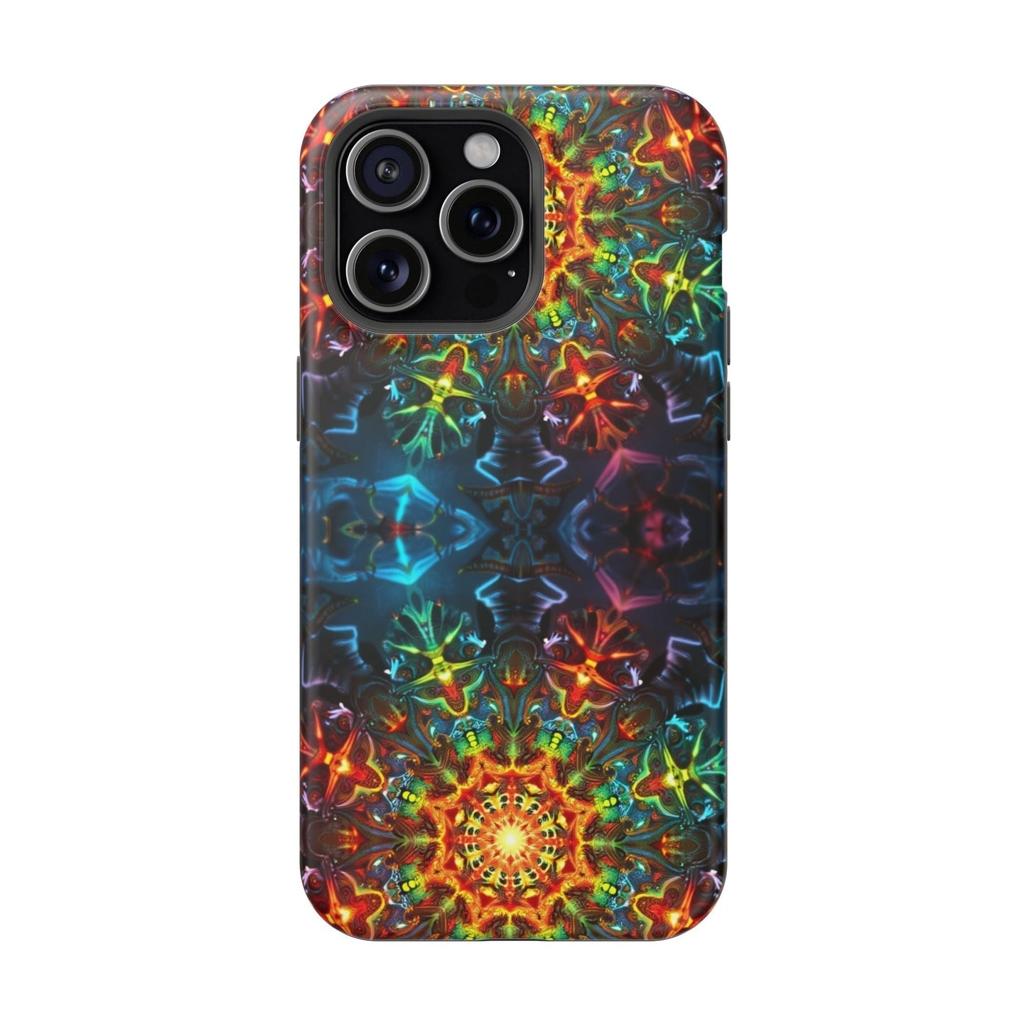 iPhone magnetic tough case with vibrant abstract kaleidoscope design and durable dual-layer protection