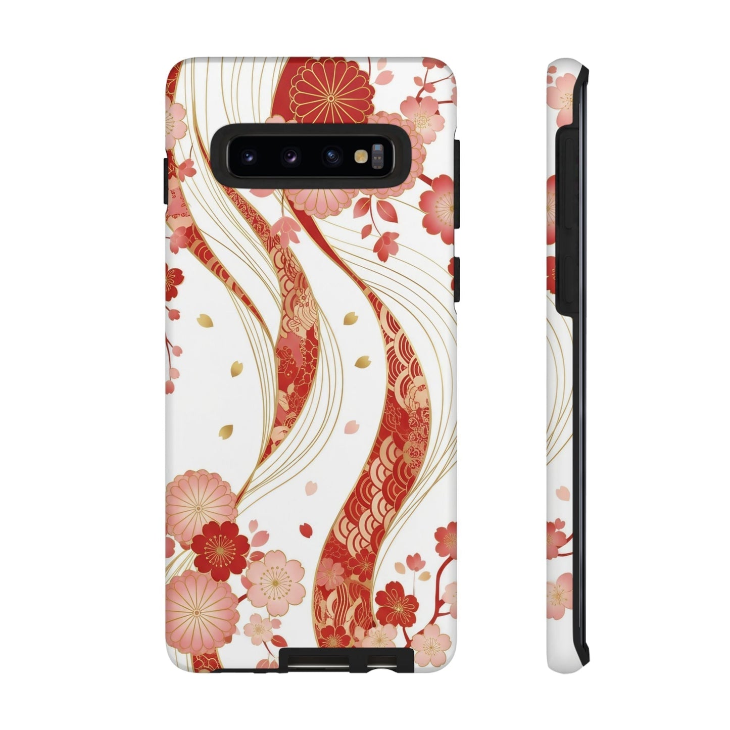 Red Golden Flower Phone Case with elegant red and gold floral design for Samsung phone, slim and protective.
