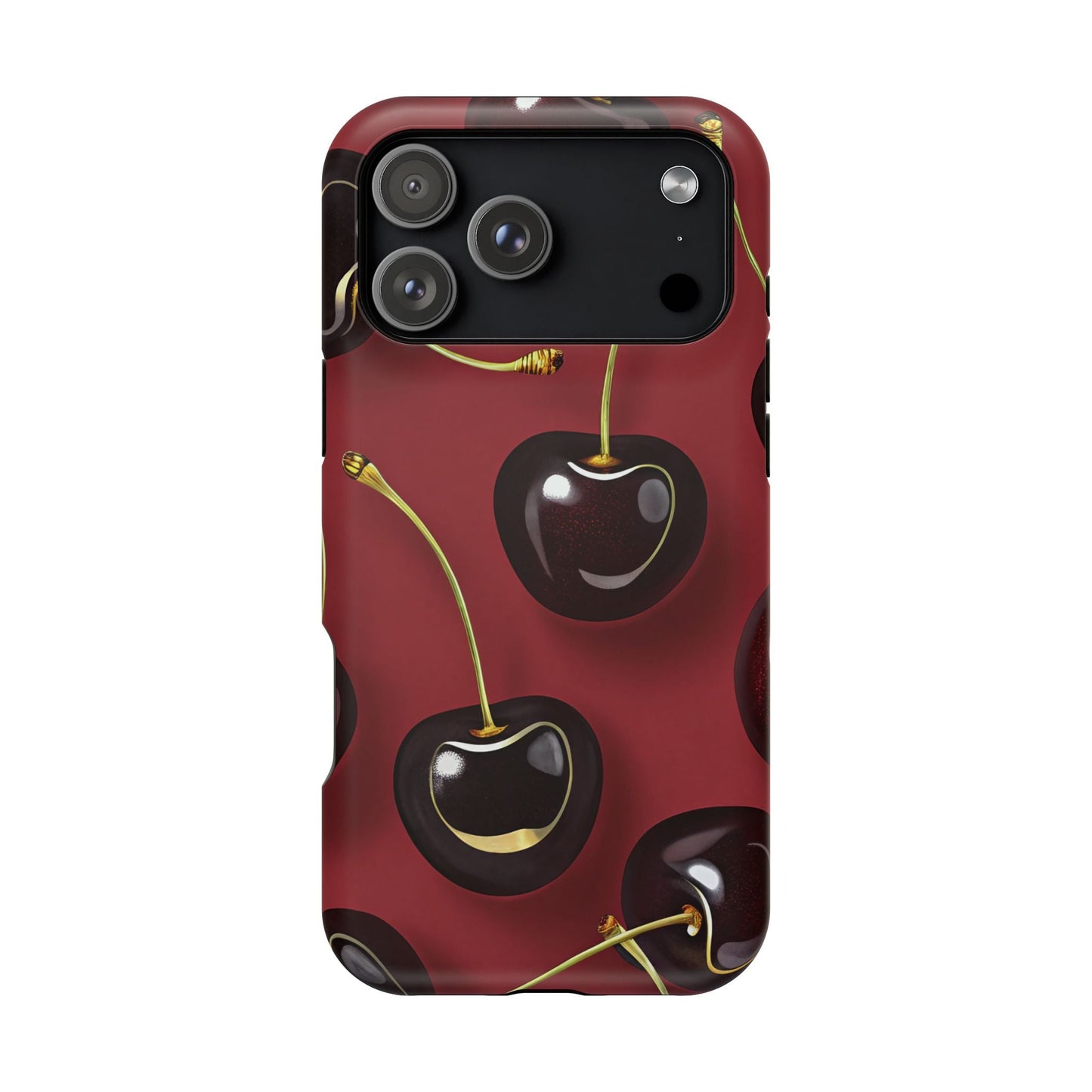 Cherry iPhone tough case with vibrant photo-realistic cherry print and dual-layer protective design