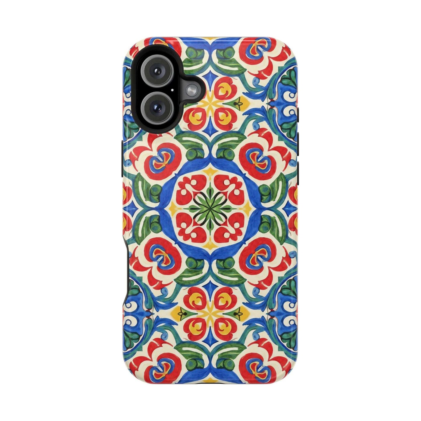 Mediterranean iPhone case with hand-painted Spanish ceramic folk tile pattern in blue, red, and green colors