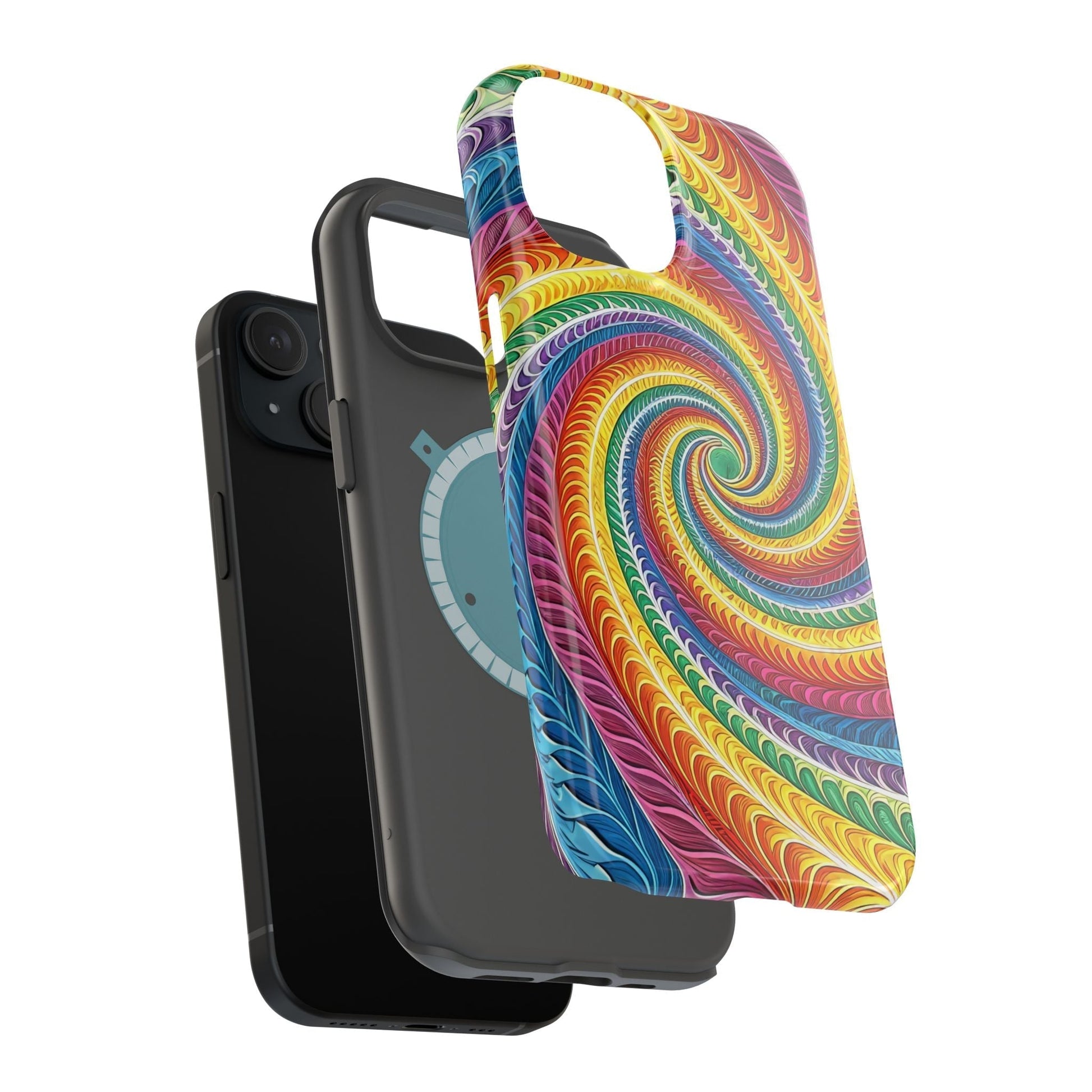 Colorful Rainbow Swirl iPhone Tough Case with dual-layer protection and MagSafe compatibility in glossy finish