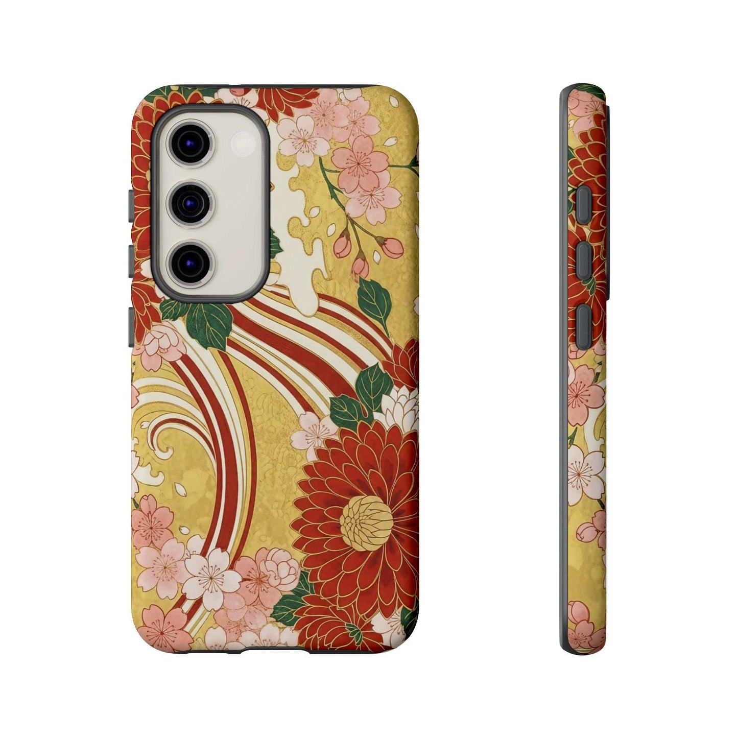 Samsung Case with Japanese floral gold chrysanthemum design, durable and impact-resistant phone cover