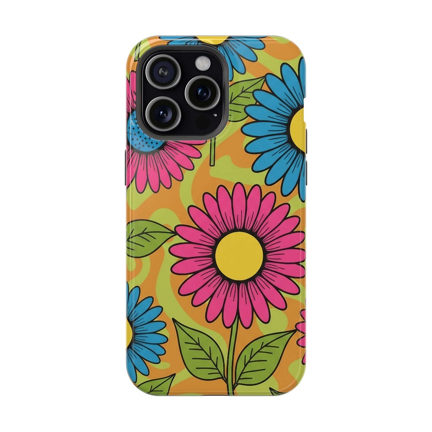Flower Child iPhone Tough Case with vibrant pink and blue flower design, impact-resistant and MagSafe compatible phone case