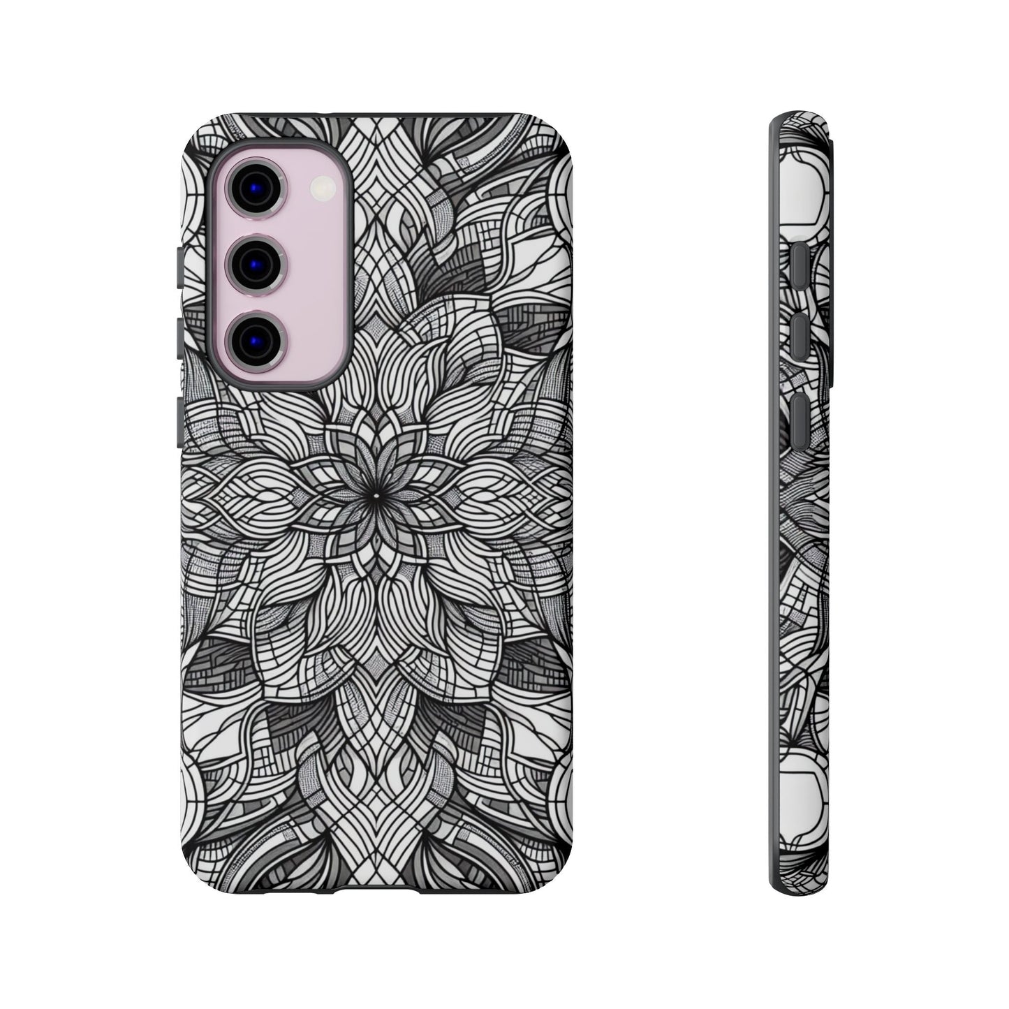 Black and white art explosion Samsung tough case with intricate abstract floral design for full protection