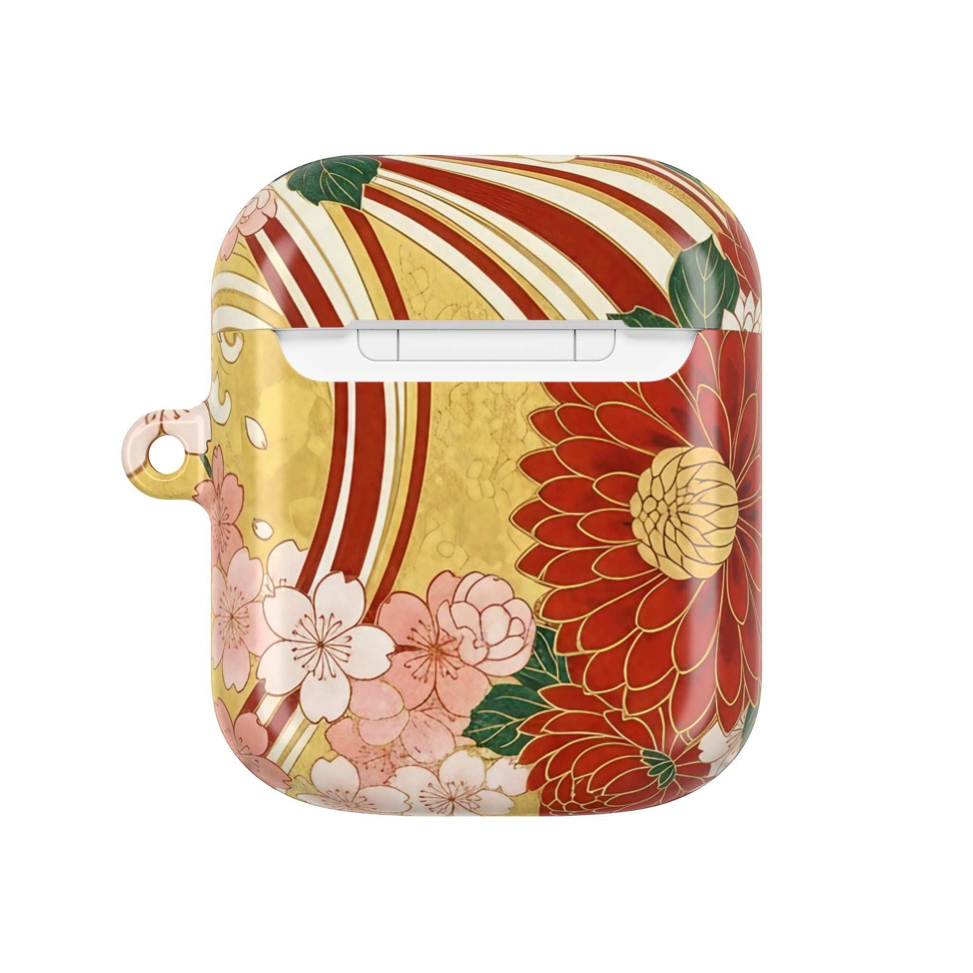 Japanese floral gold chrysanthemum AirPod case with gloss finish and carabiner