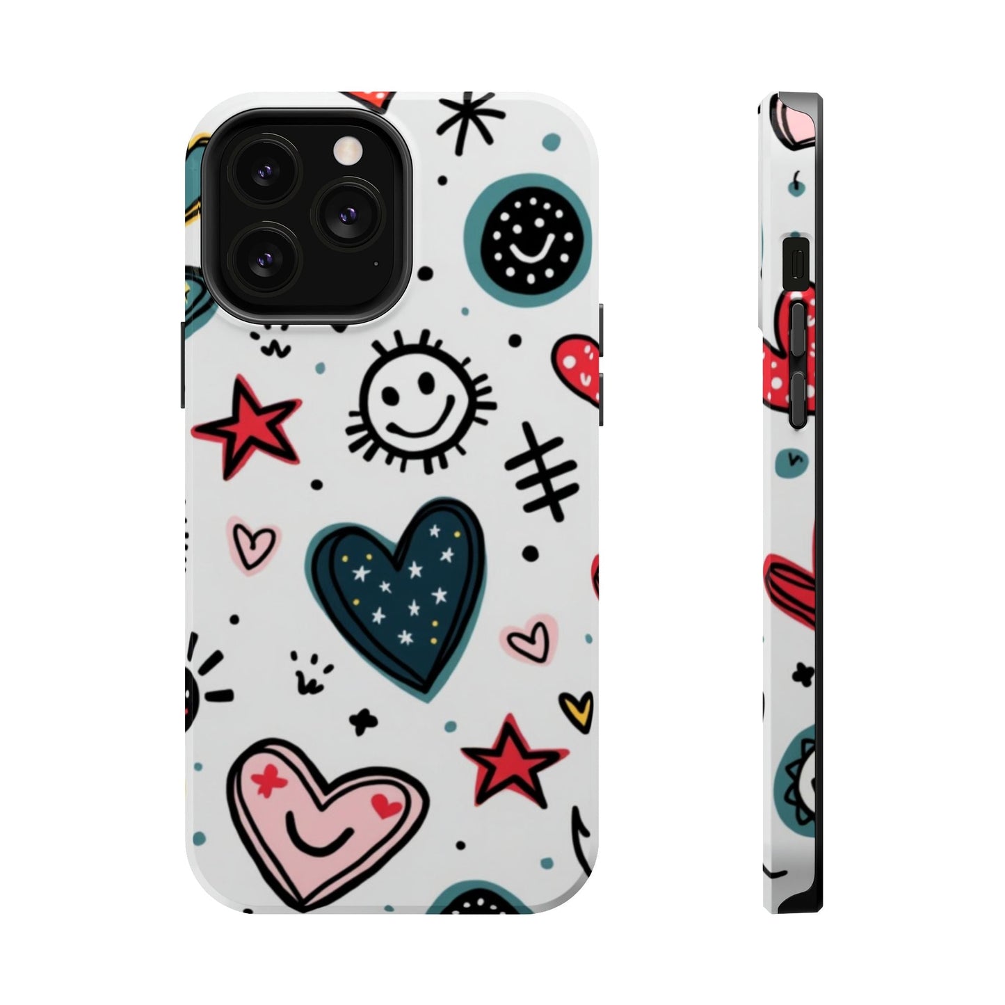 iPhone tough case with playful cartoon hearts and smiles design in vibrant colors with durable dual-layer protection and MagSafe compatibility