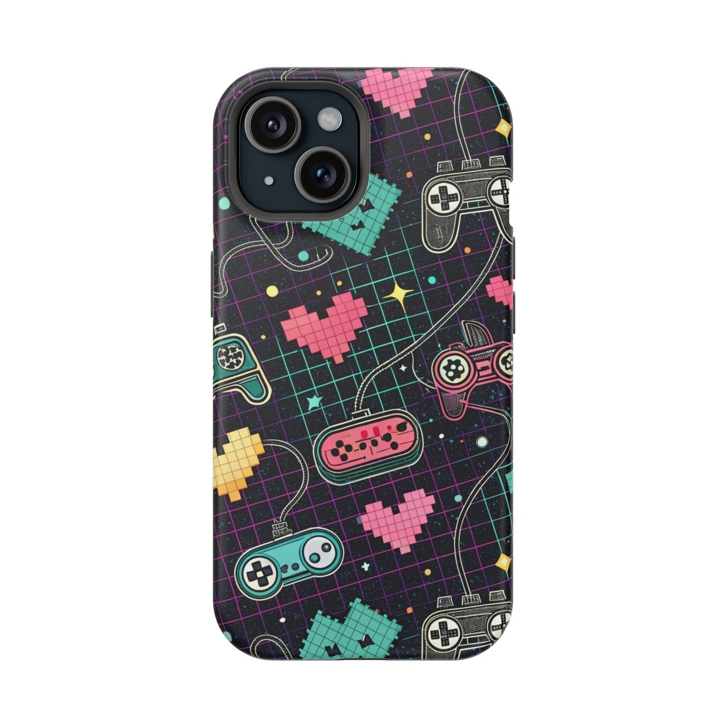 Retro Gamer Inspired dual-layer iPhone case with vintage game controllers and pixel hearts design, MagSafe compatible.
