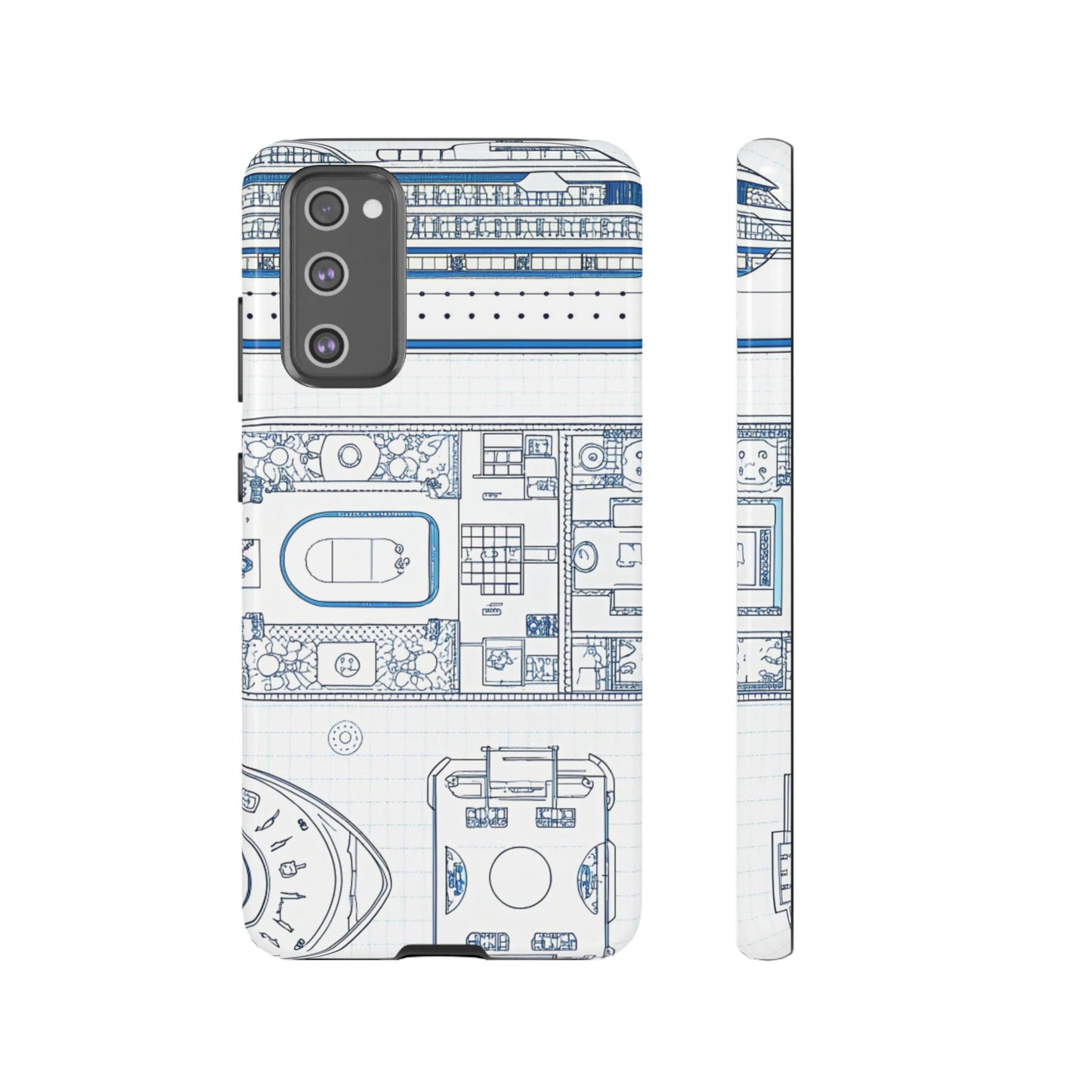 Samsung phone case with detailed cruise ship design blueprint in blue and white, durable and protective for travel enthusiasts.