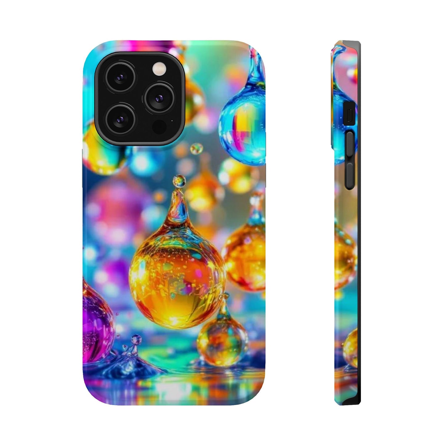 iPhone tough case with vibrant golden raindrop design and built-in MagSafe magnet