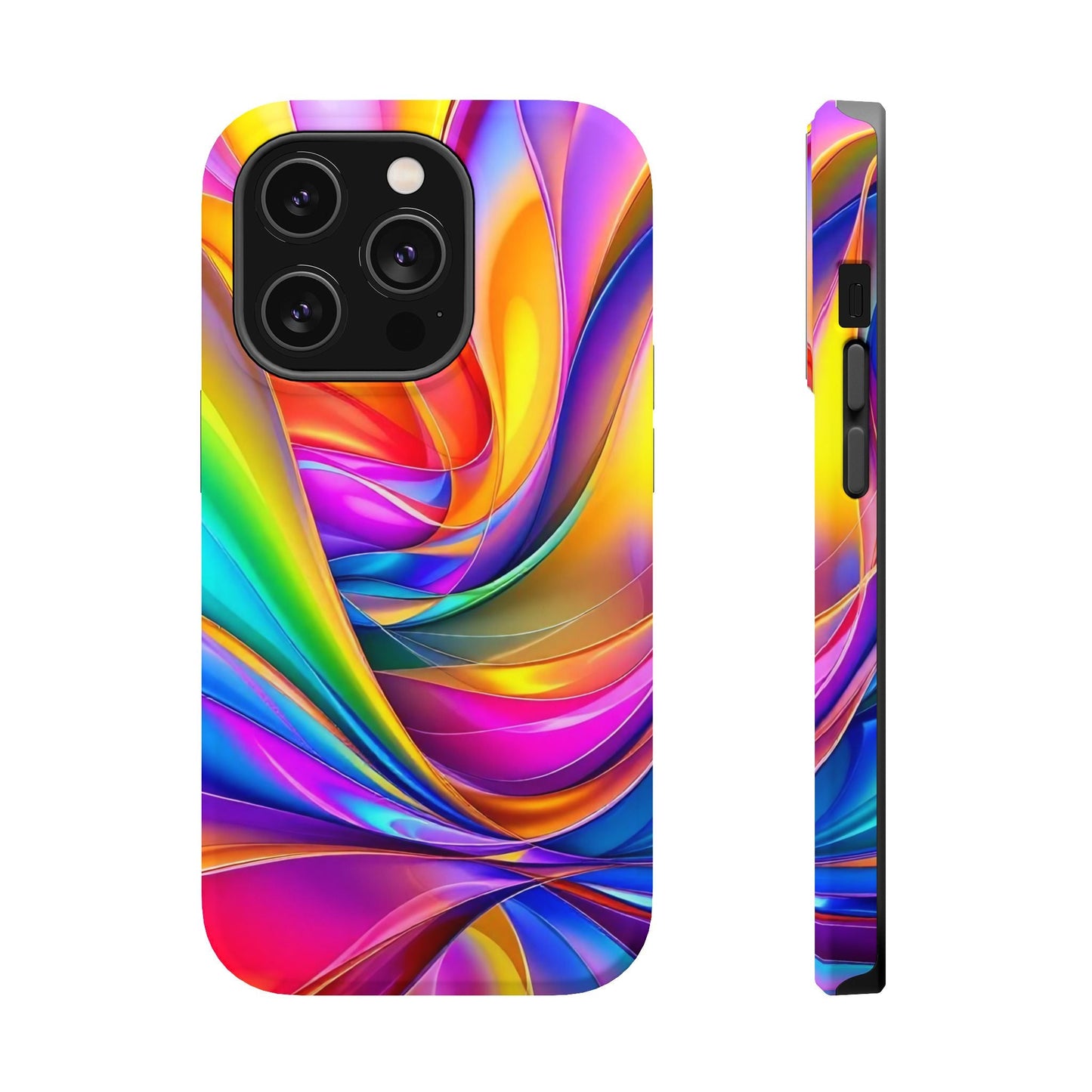Deconstructed Rainbow Wave iPhone tough case with vibrant abstract swirl design, durable dual-layer protection, and MagSafe compatibility