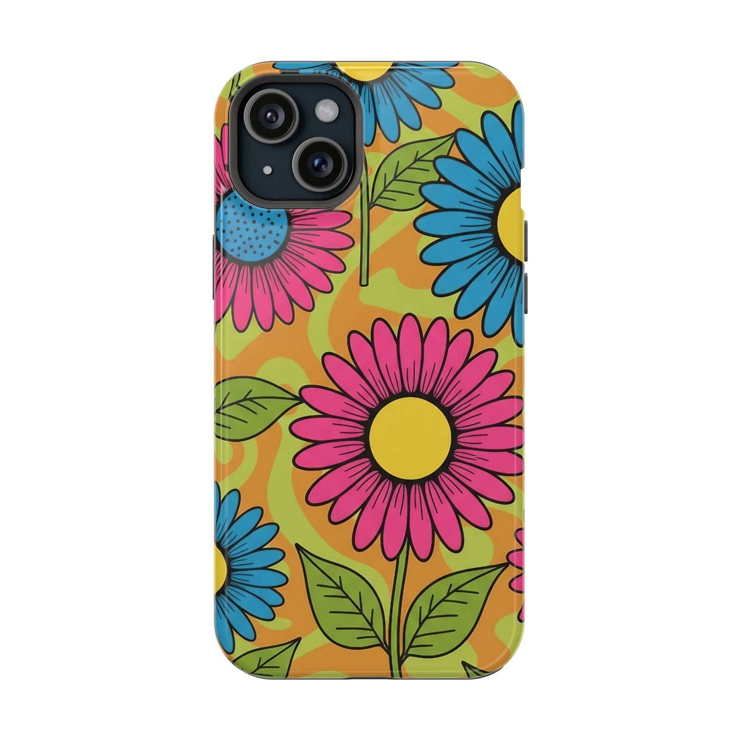 Flower Child iPhone tough case with colorful floral design, impact-resistant, MagSafe compatible, glossy or matte finish