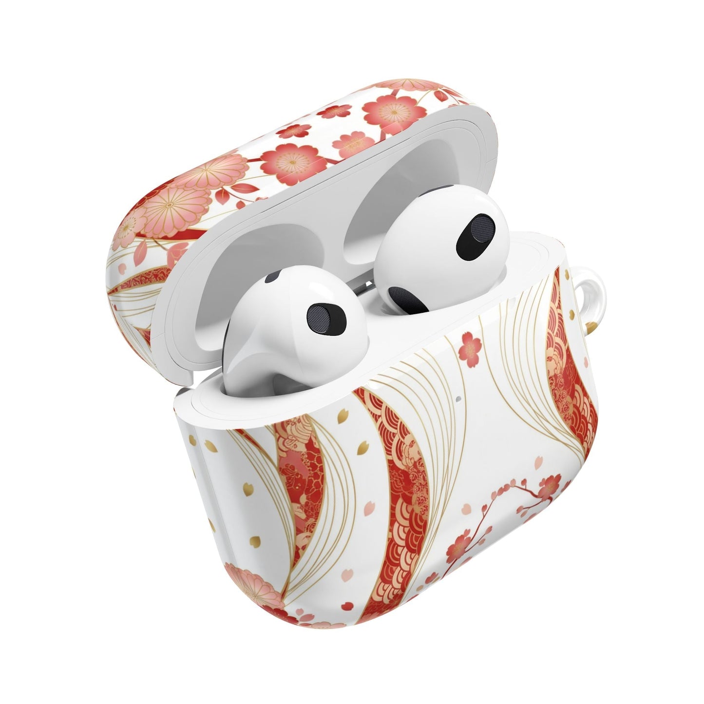 Red Golden Flower AirPod Case with floral design and gold accents, durable polycarbonate protection for AirPods