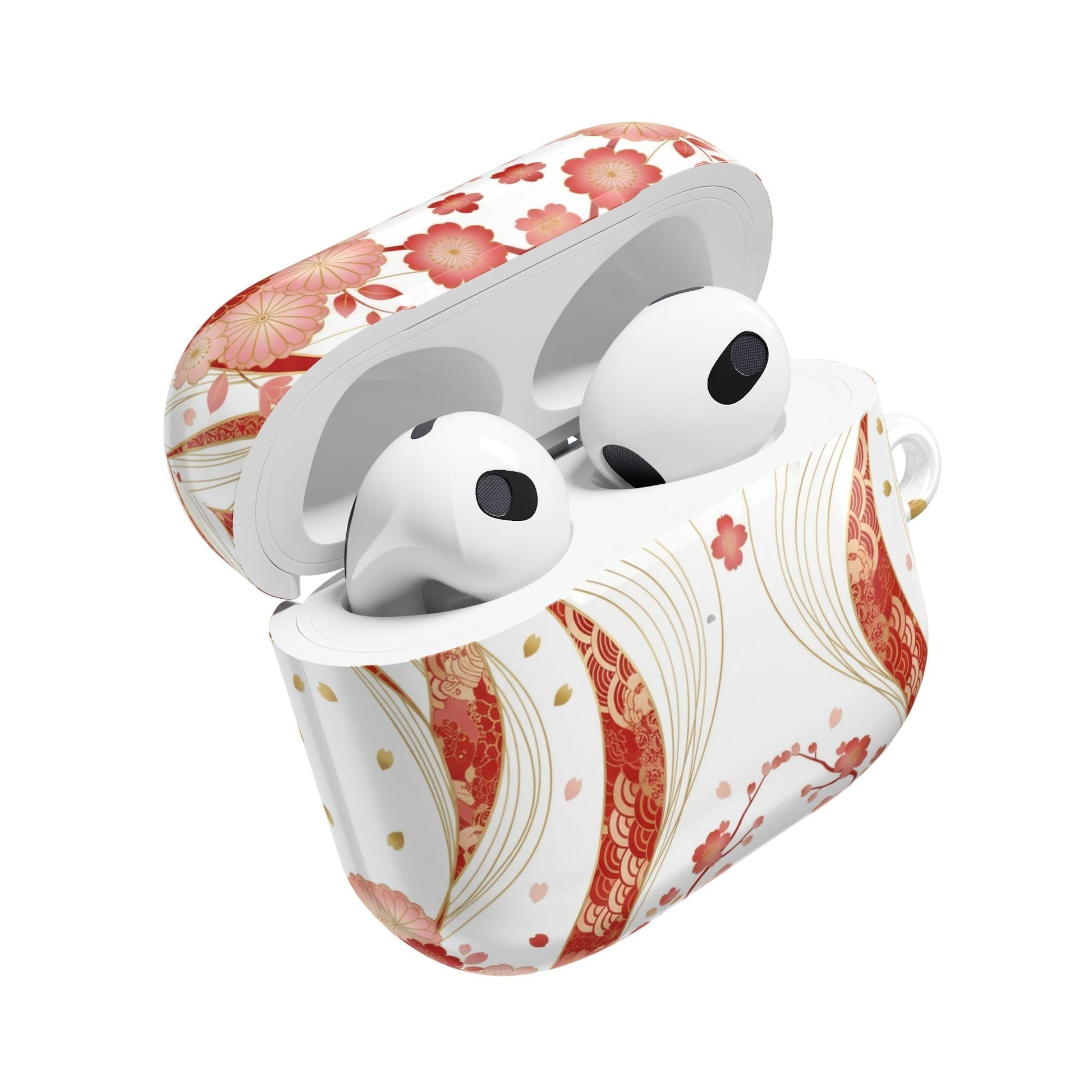 Red Golden Flower AirPod Case with floral design and gold accents, durable polycarbonate protection for AirPods
