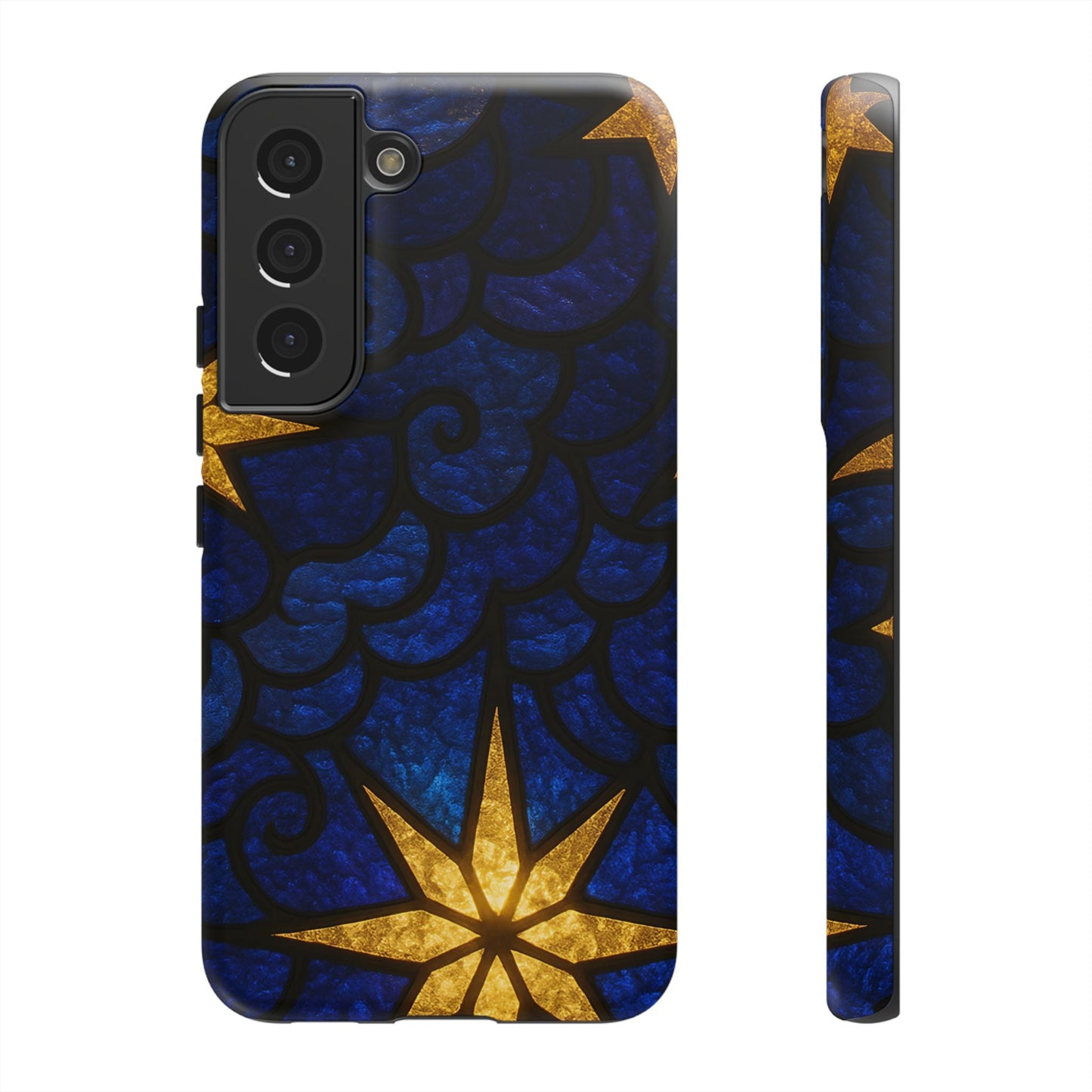 Golden Star Samsung phone case with blue and gold star design, durable protective cover for Samsung Galaxy models