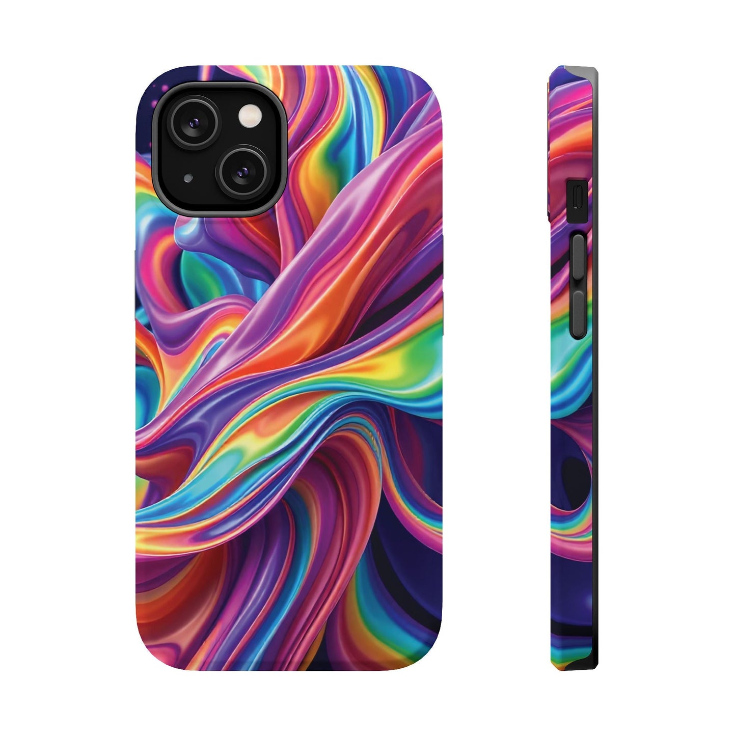 iPhone tough case with vibrant wrapping rainbow design and MagSafe magnet, durable dual-layer protection in matte or glossy finish