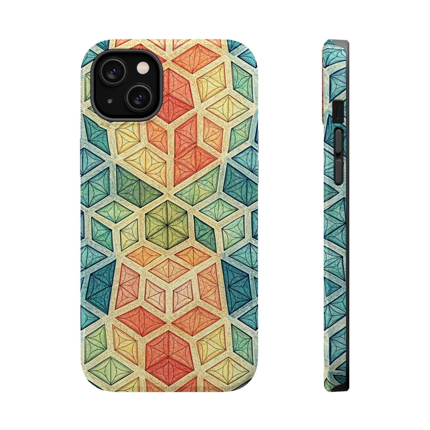 Colorful fractal pattern iPhone magnetic tough case with durable dual-layer design and MagSafe compatibility