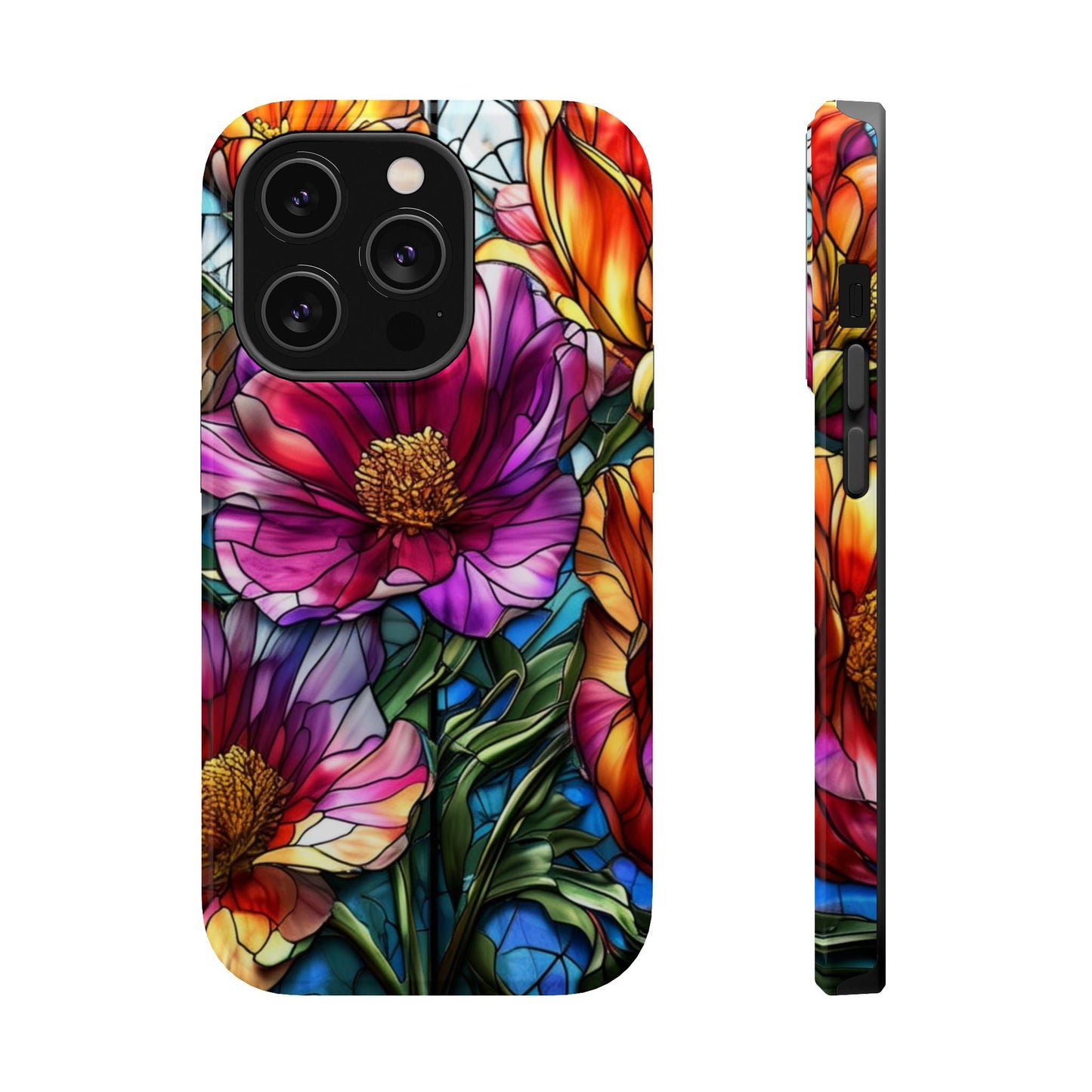 Vibrant Purple Flower iPhone case with durable polycarbonate and TPU, featuring colorful floral design and MagSafe compatibility.