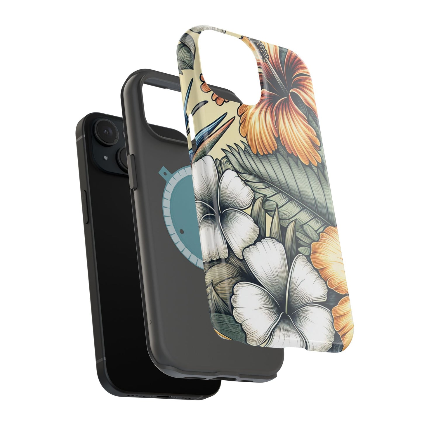 Golden Tropical Floral iPhone tough case with durable dual-layer protection and MagSafe compatibility, featuring vibrant tropical flower design