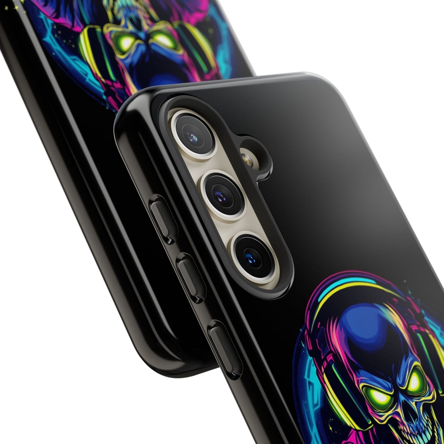 Game Over Design Samsung tough case with colorful skull and headphones artwork, impact-resistant protective phone cover for Galaxy models.