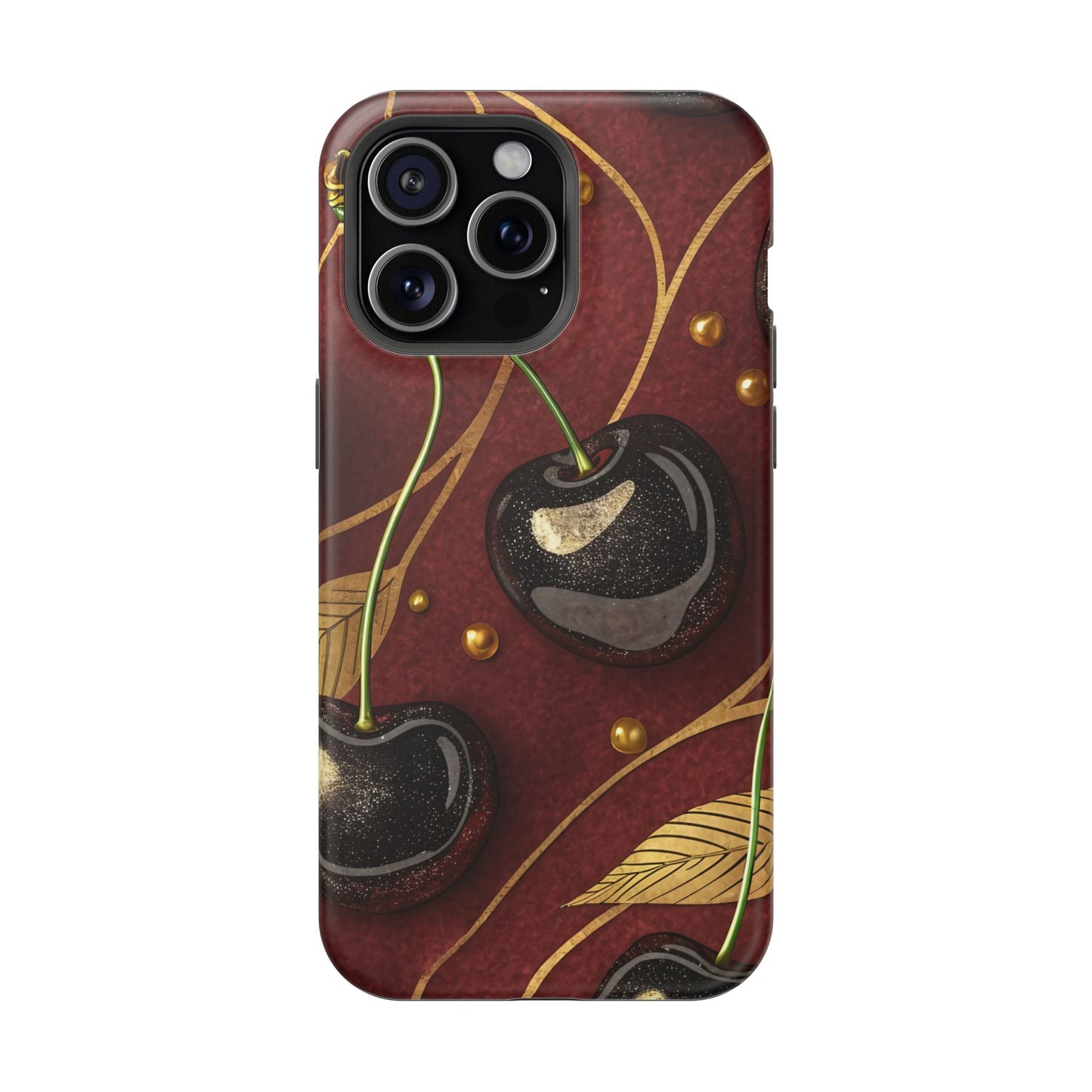 Golden Cherry iPhone Tough Case with glossy cherry-gold design and MagSafe compatibility.