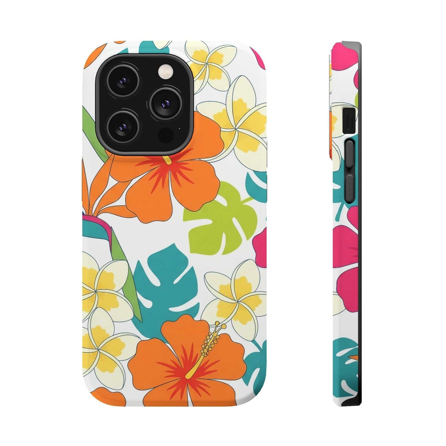 Floral iPhone case with vibrant orange and yellow flowers, durable dual-layer protection, and MagSafe compatibility