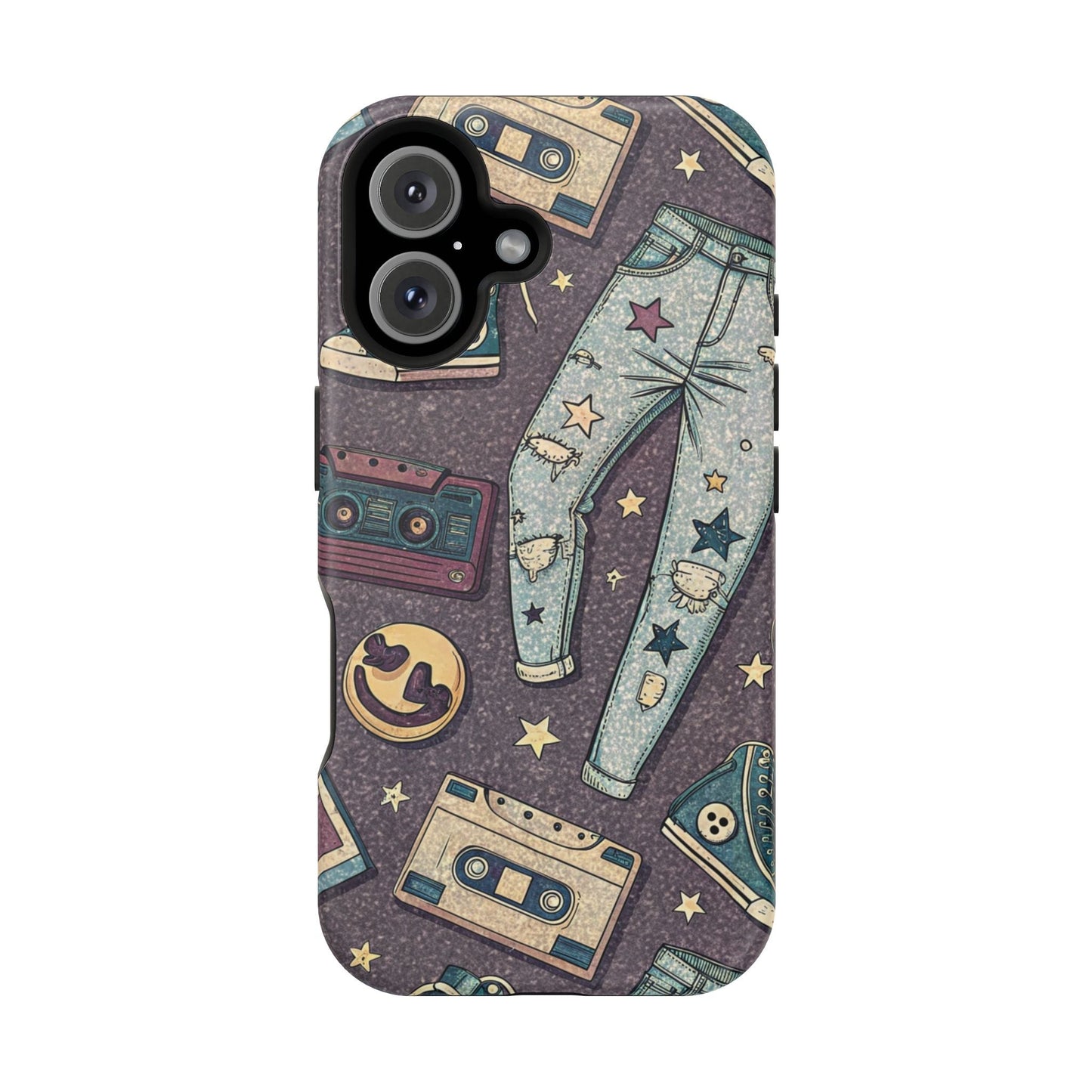 90s grunge cassette tape collage iPhone case with ripped jeans and star patterns design