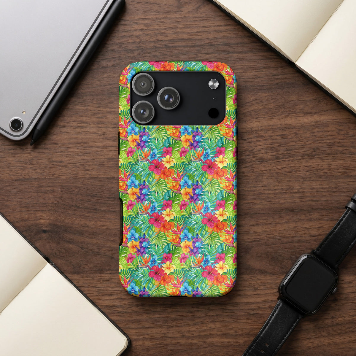 Phone case with a vibrant tropical floral pattern and camera cutout.