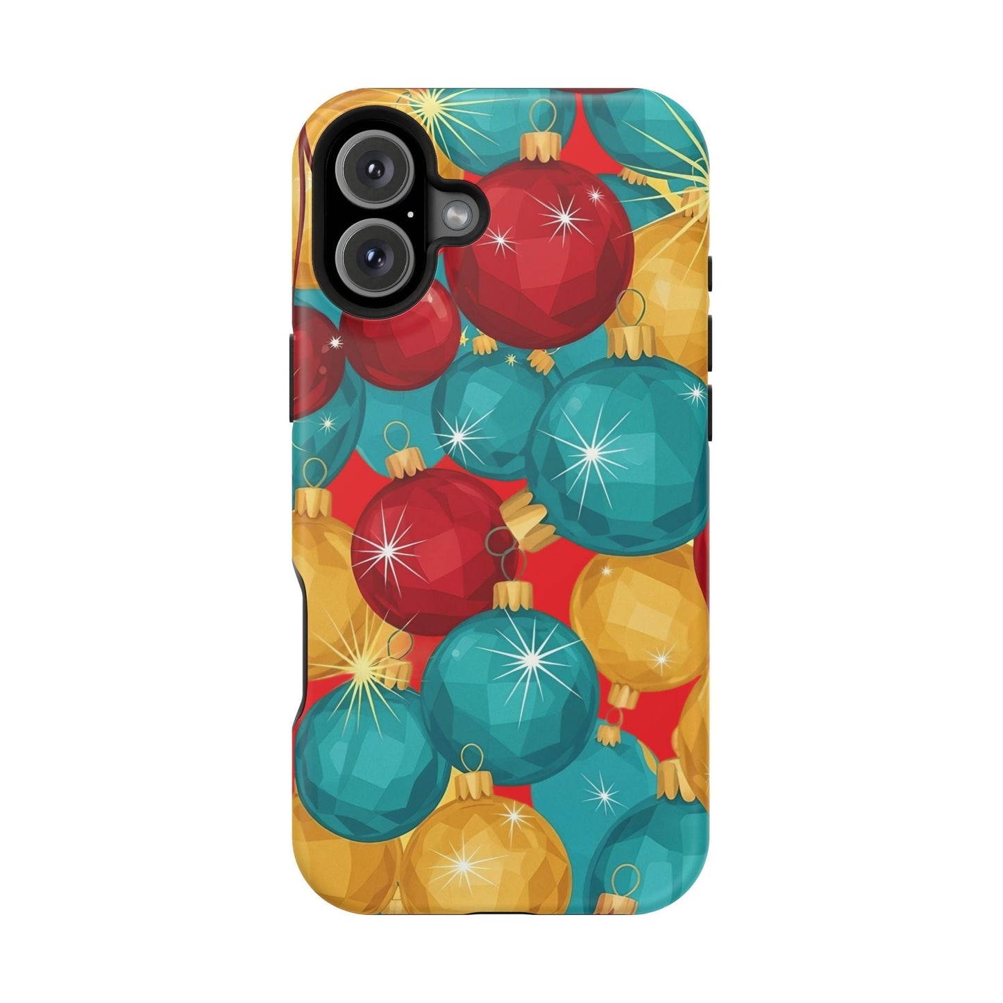 iPhone case with Christmas Tree Sparkle Bulbs design in red, blue, and gold colors, durable protective cover with MagSafe compatibility