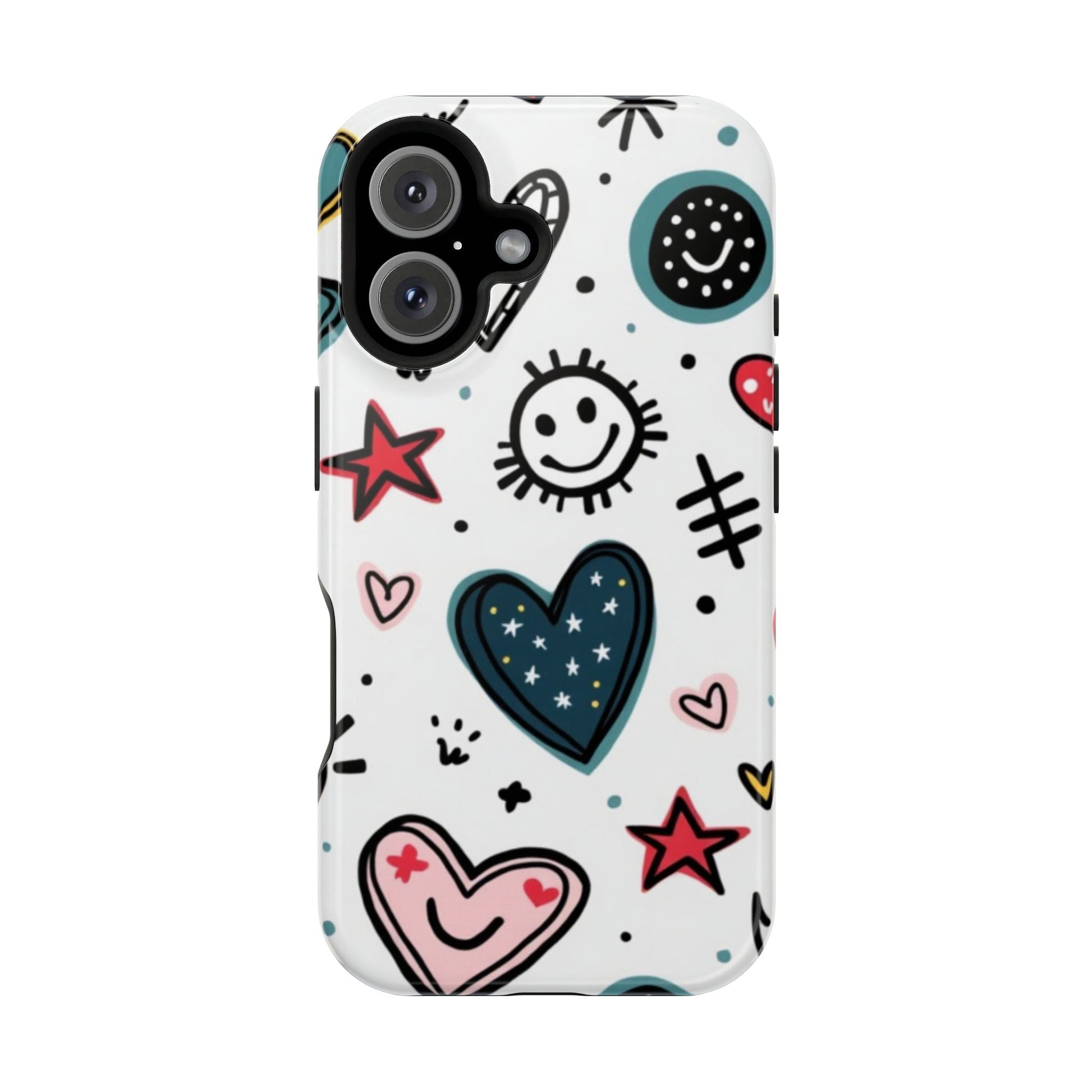 iPhone tough case with colorful cartoon hearts, smiles, and stars design, durable protective cover with MagSafe compatibility