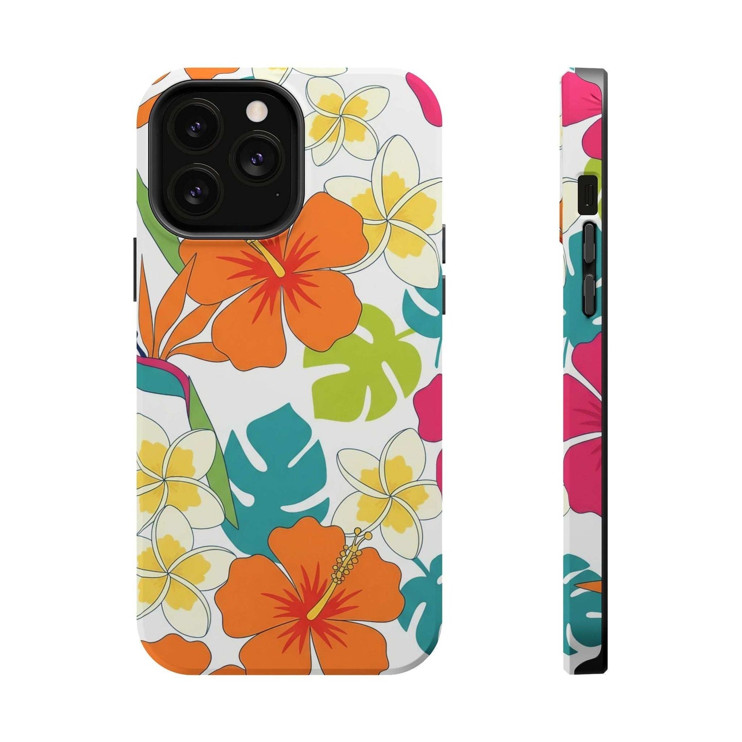 Floral iPhone case with vibrant orange blooms and MagSafe compatibility, durable dual-layer protection.