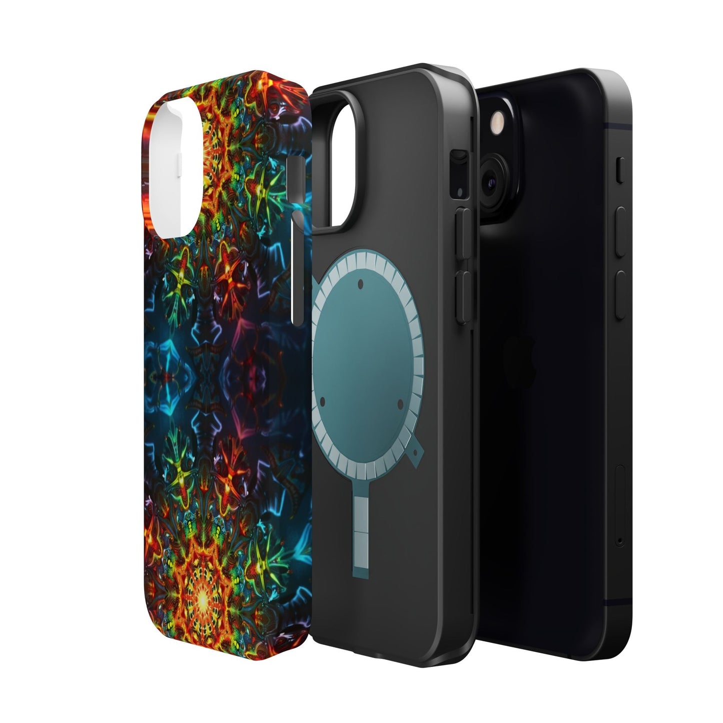 Durable iPhone case with colorful abstract kaleidoscope design and dual-layer protection