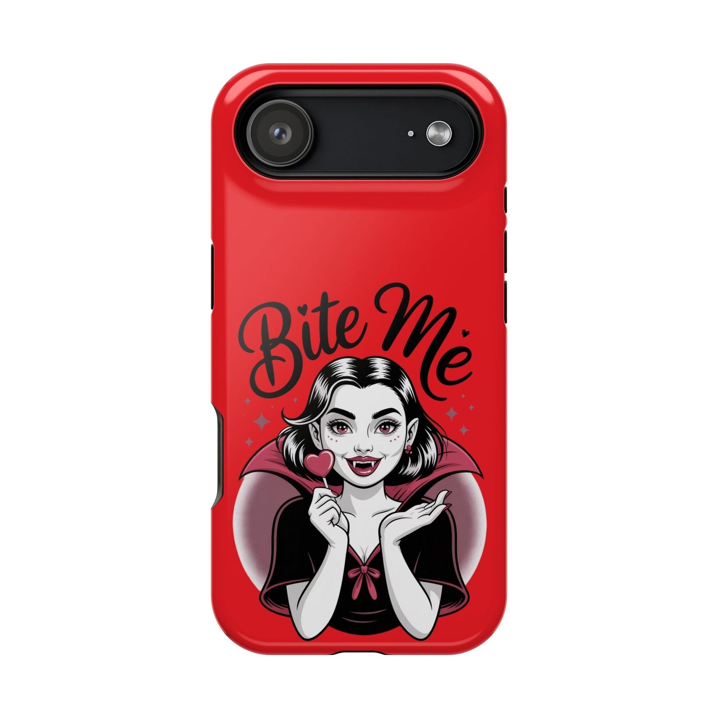 Halloween Vampire iPhone Tough Case with red background and vampire girl holding a heart lollipop, "Bite Me" text, durable protective design, MagSafe compatible
