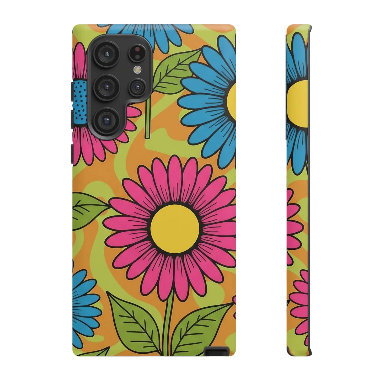 Samsung Tough Case with colorful floral design, durable impact-resistant shell, and shock-absorbing silicone liner