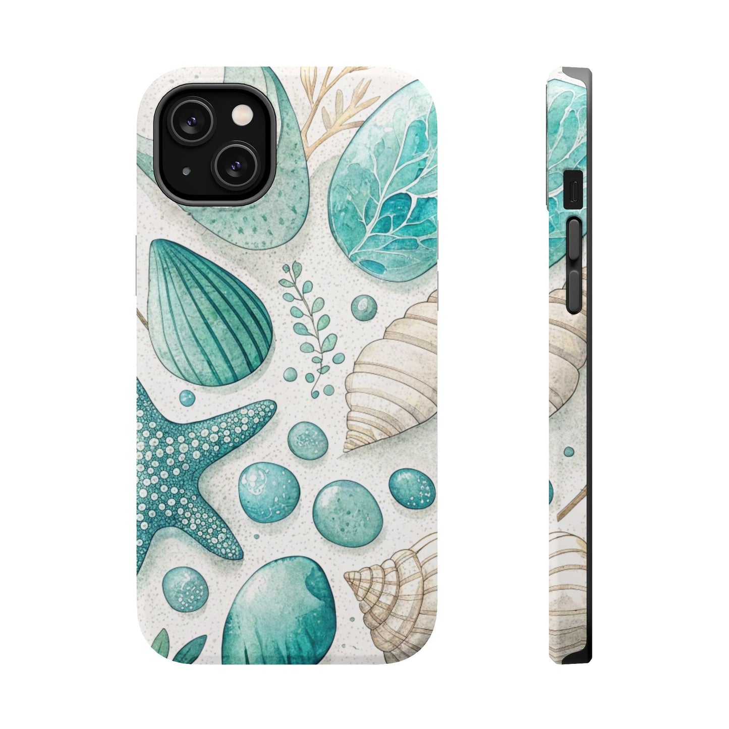 Celebration Sea iPhone Tough Case with ocean-inspired seashell and starfish design, durable dual-layer protection, and MagSafe compatibility