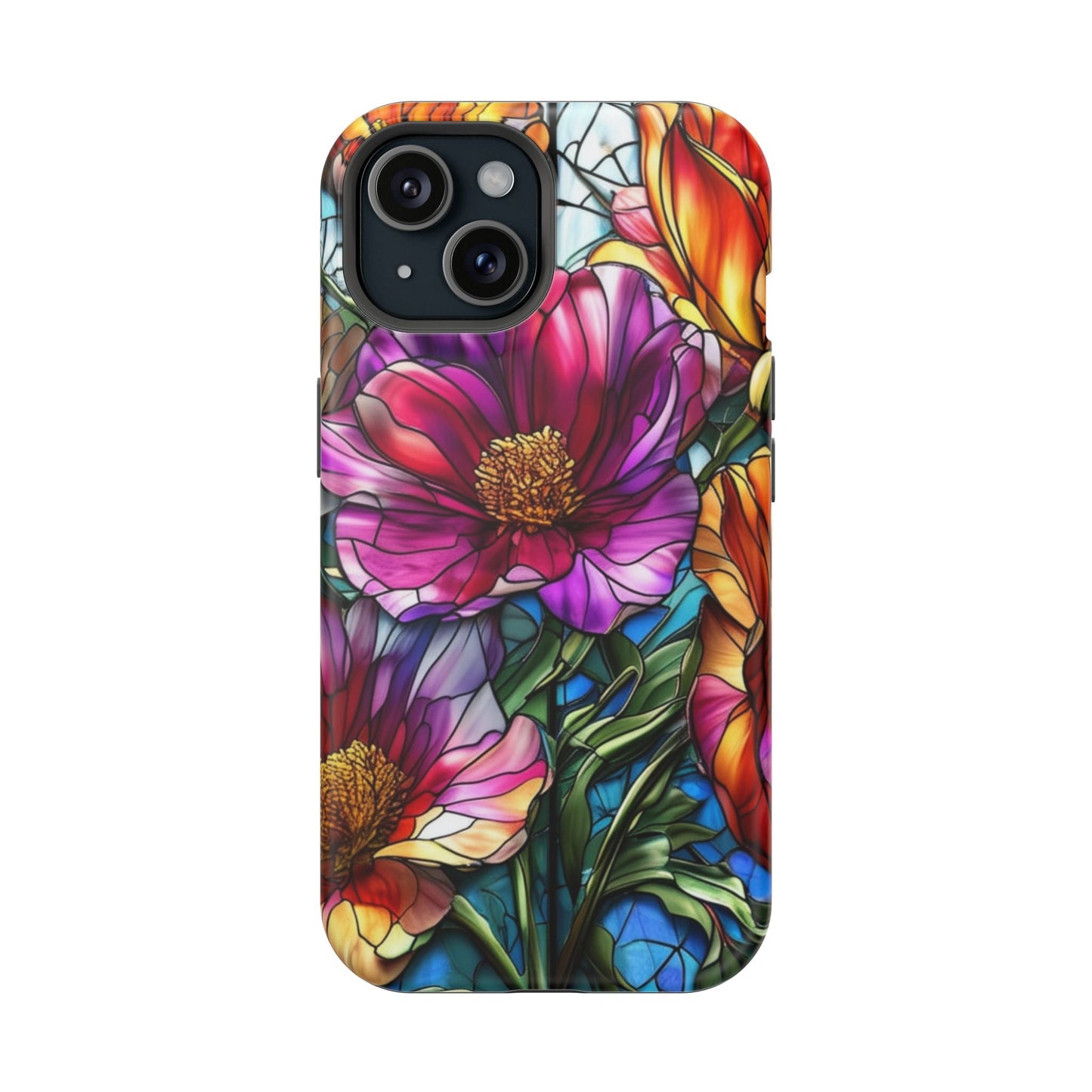 iPhone case with vibrant purple flower design, durable polycarbonate and TPU protection, MagSafe compatible phone cover