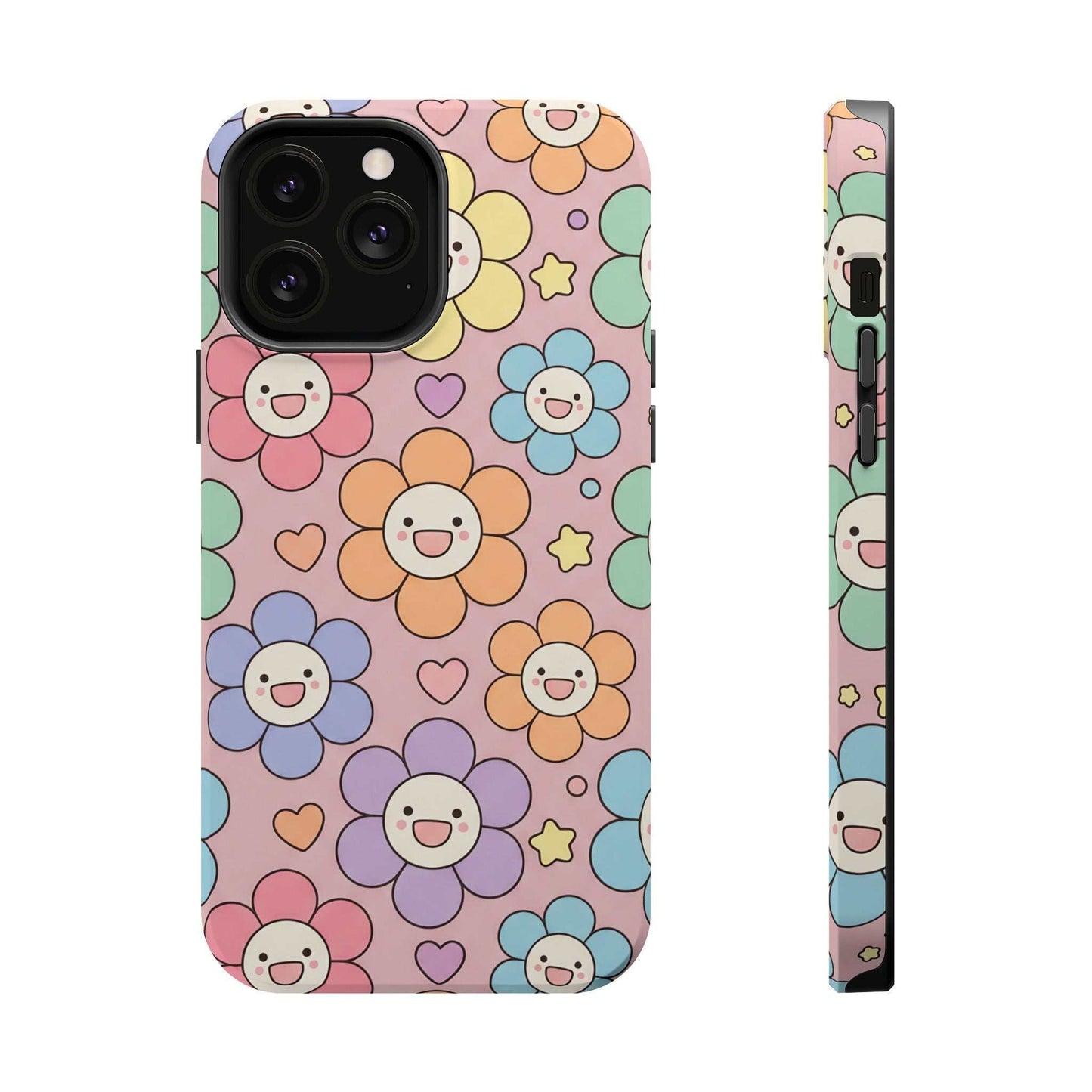 Happy Flower iPhone Tough Case with colorful smiling floral design and MagSafe compatibility