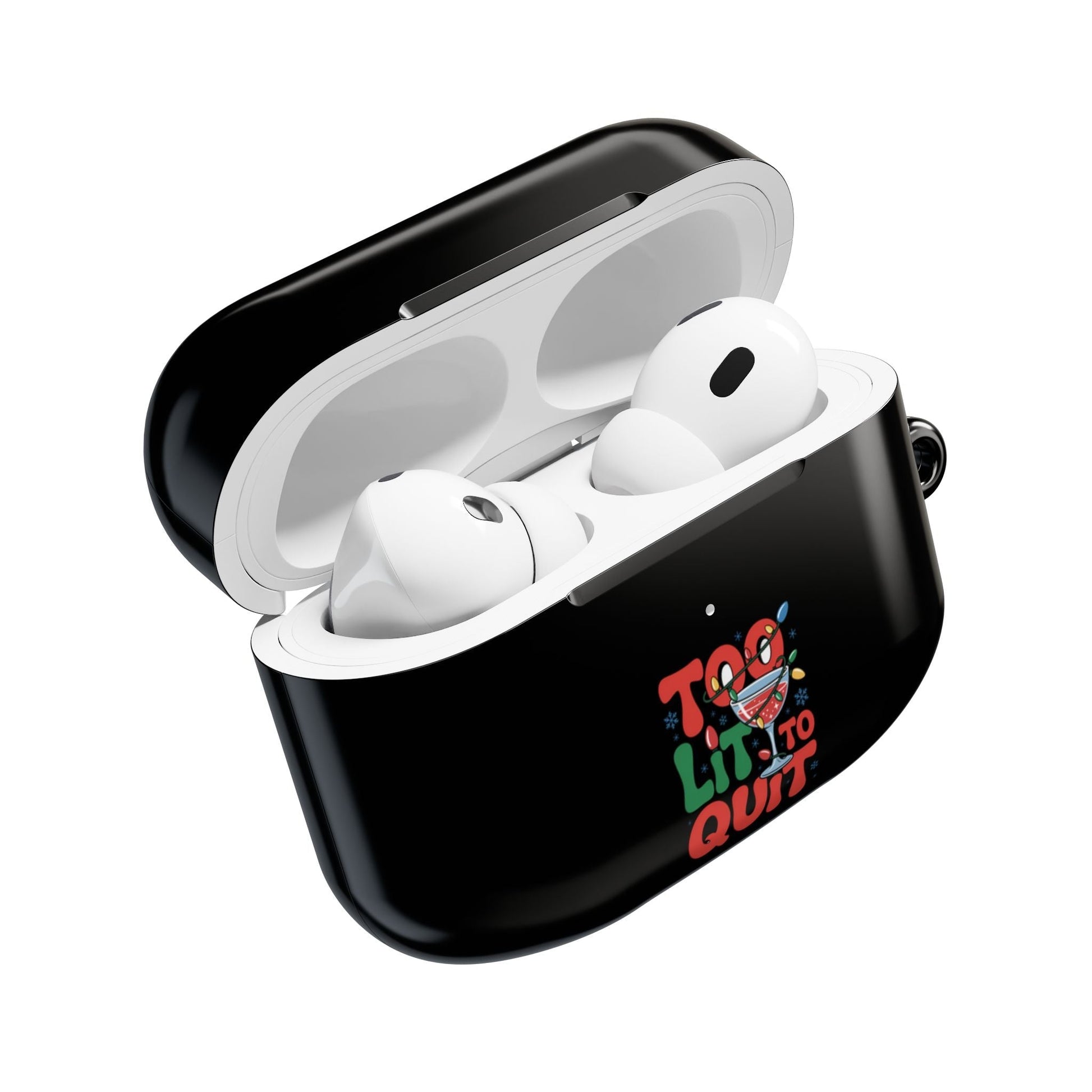 Black AirPod case with "Too Lit to Quit" colorful design, durable polycarbonate, gloss finish, and included carabiner, compatible with charging ports.
