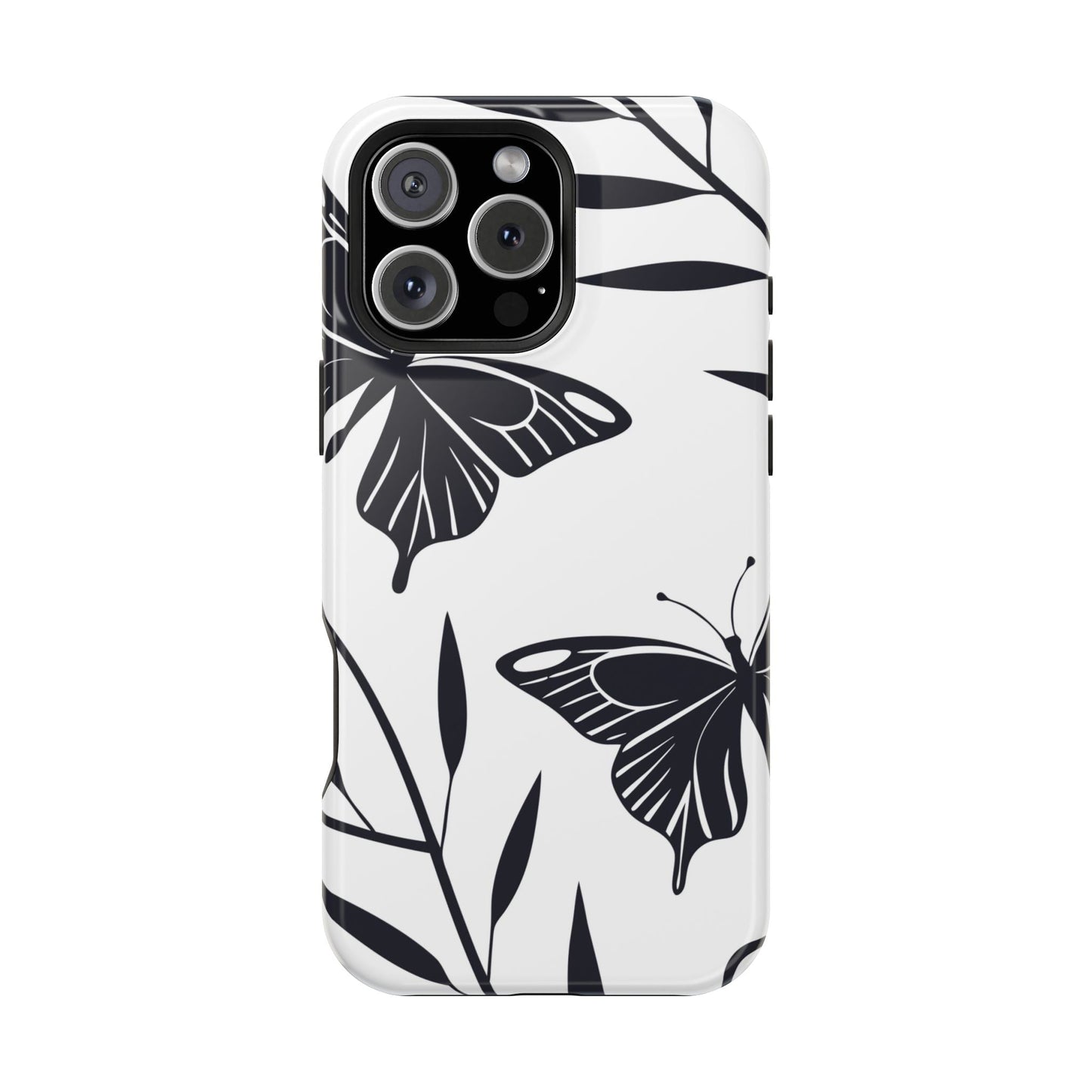 Black and white minimalist butterfly design iPhone case with protective dual-layer build and MagSafe compatibility