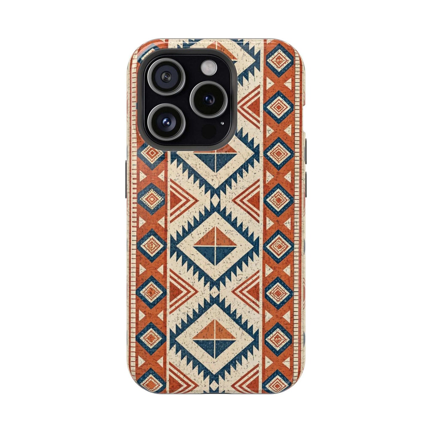 iPhone magnetic tough case with durable Tribal Inspired Pattern design in blue, orange, and beige colors