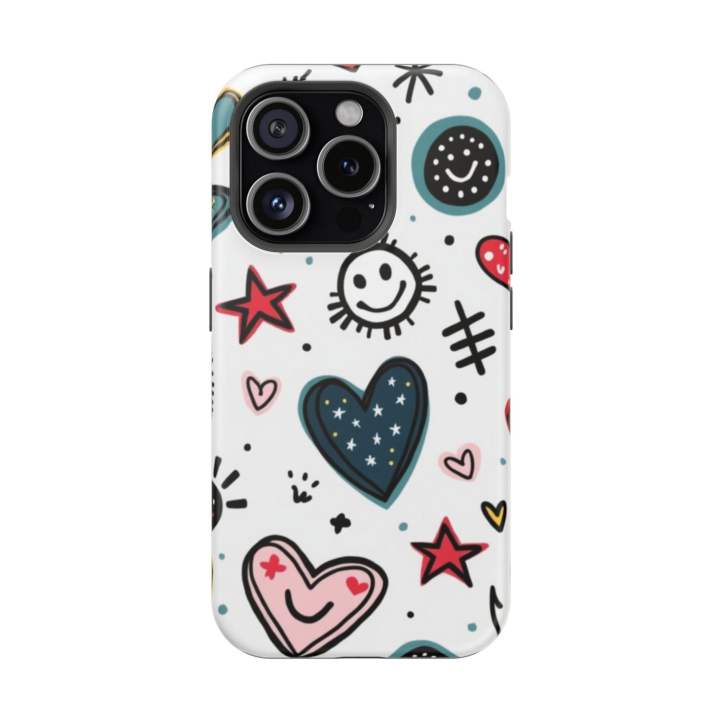 iPhone tough case with cartoon hearts and smiles design, durable protective polycarbonate and TPU, available in glossy or matte finish with MagSafe magnet.