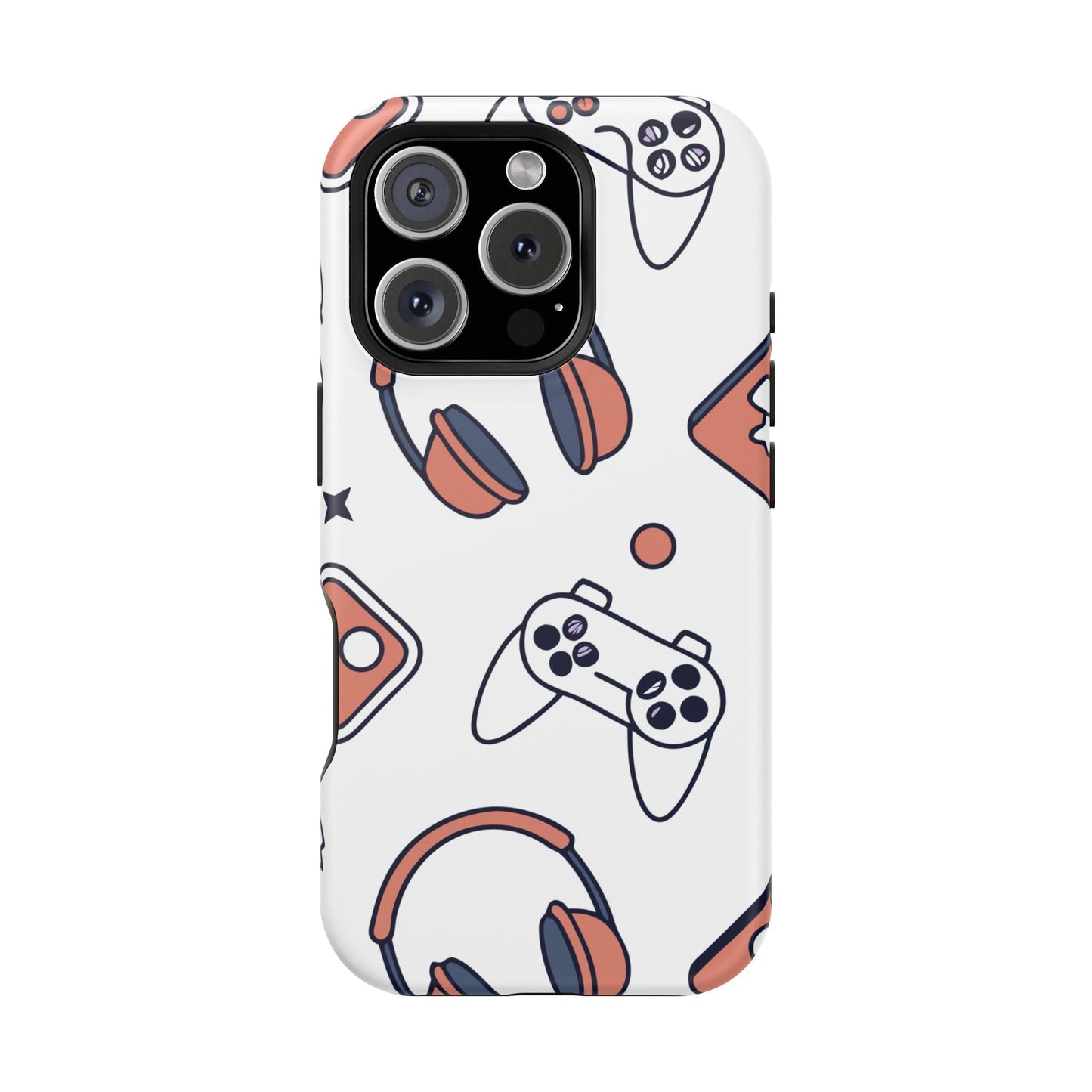 Gamer iPhone tough case with colorful gaming controller and headset pattern, durable protective polycarbonate and TPU design with MagSafe compatibility