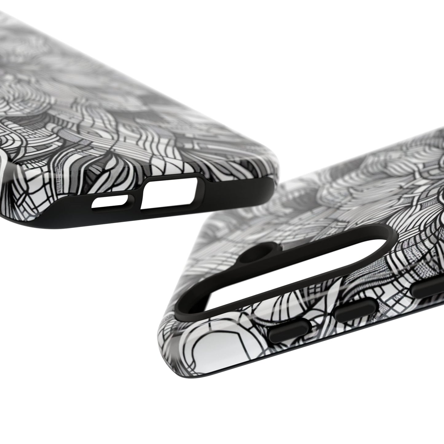Black and White Art Explosion Samsung phone case with abstract 3D design and protective black edges