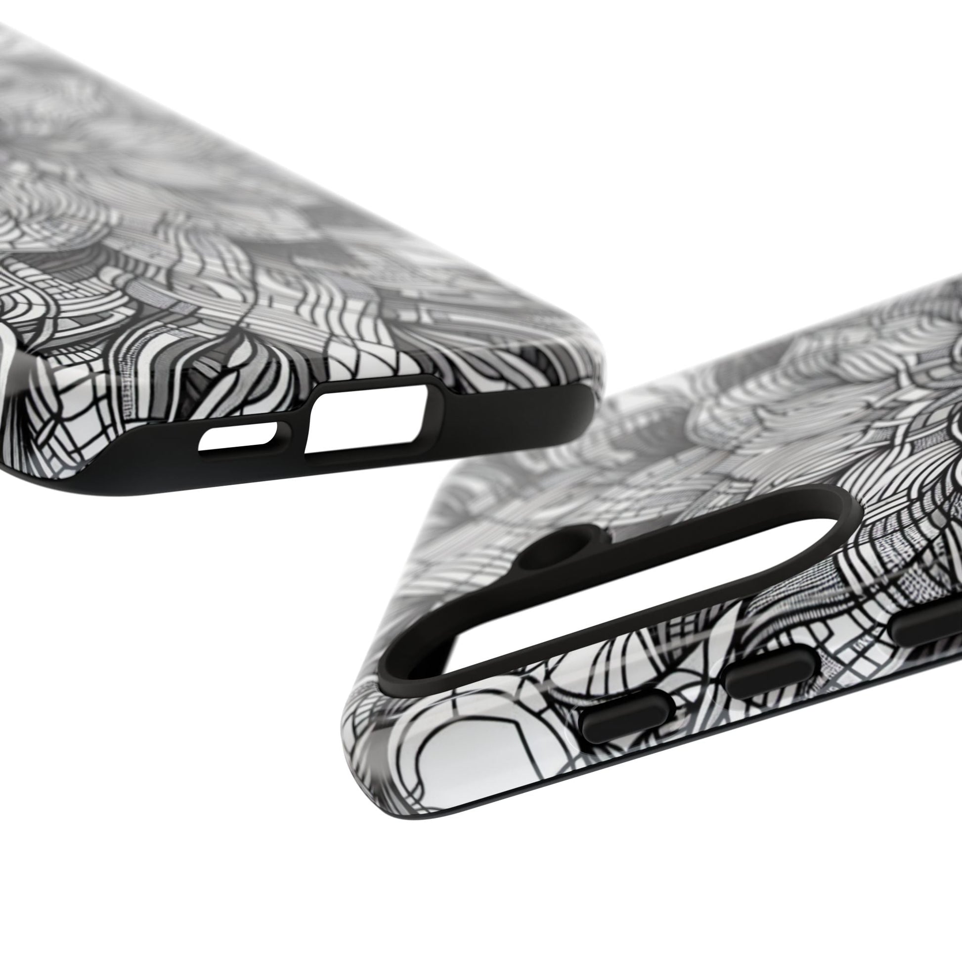 Black and White Art Explosion Samsung phone case with abstract 3D design and protective black edges