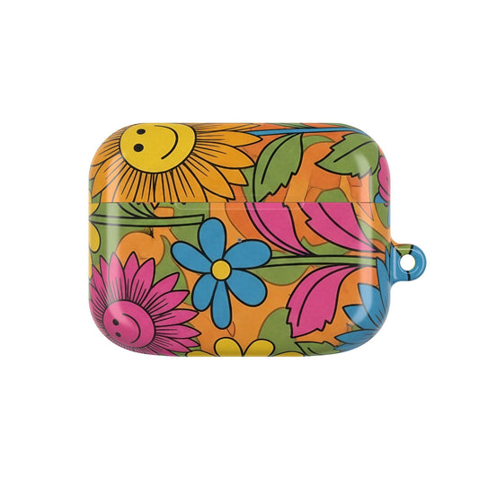 Colorful Flower Power design AirPod Case with protective polycarbonate and carabiner attachment