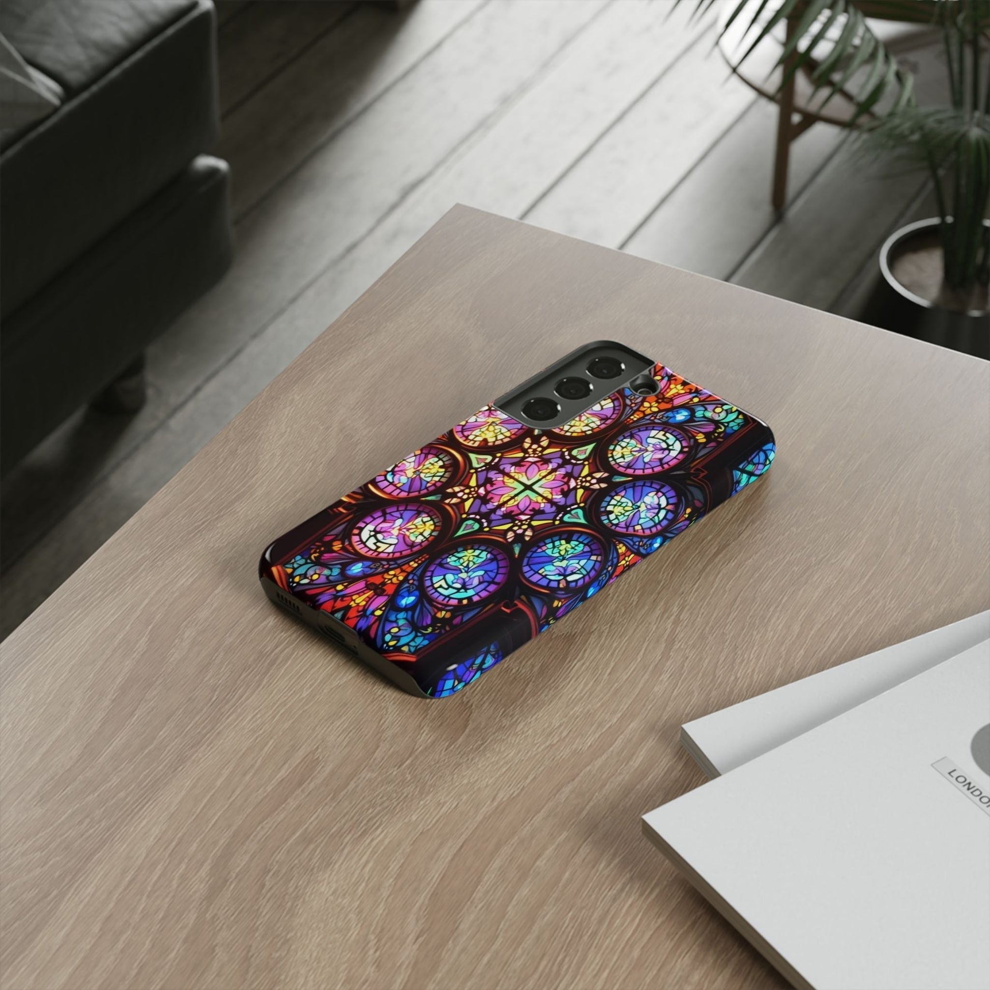Colorful hypnotic stained glass pattern Samsung tough phone case on wooden table