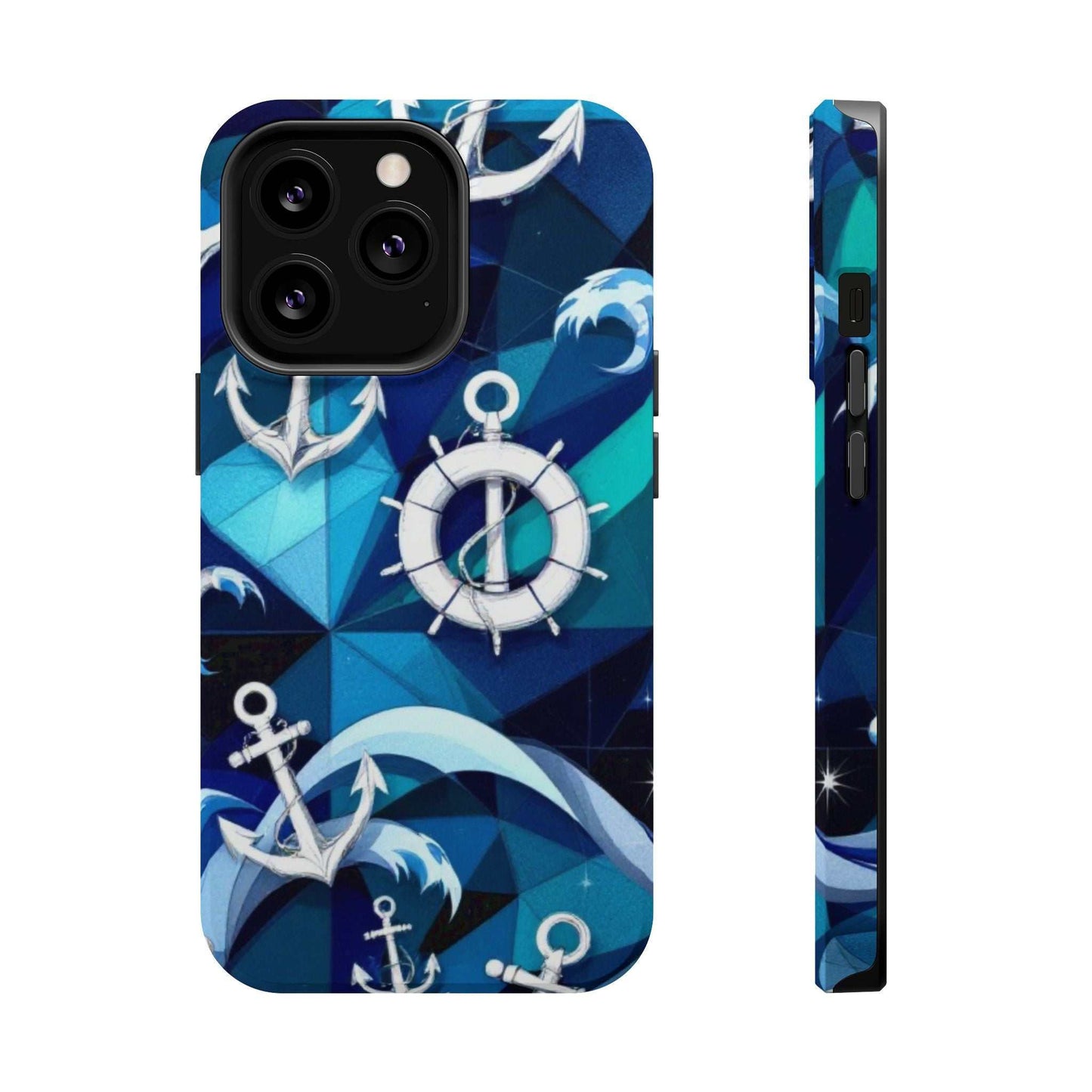 Nautical Anchors iPhone Case with marine design, durable dual-layer protection, and MagSafe compatibility in blue tones