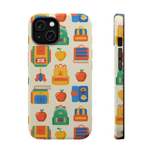 Durable iPhone Back to School Phone Case with MagSafe featuring colorful school supplies pattern