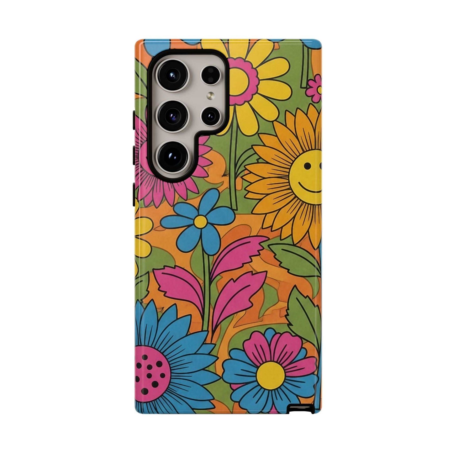 Samsung Phone Case with colorful retro flower power design and durable shock-absorbing protection