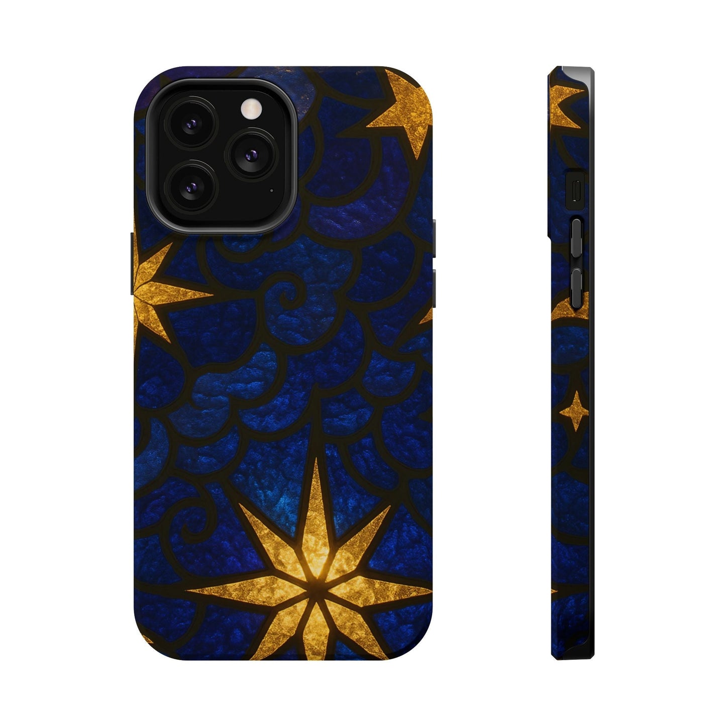 Golden Star Design iPhone tough case with vibrant blue and gold star pattern, durable polycarbonate and TPU build, MagSafe compatible.