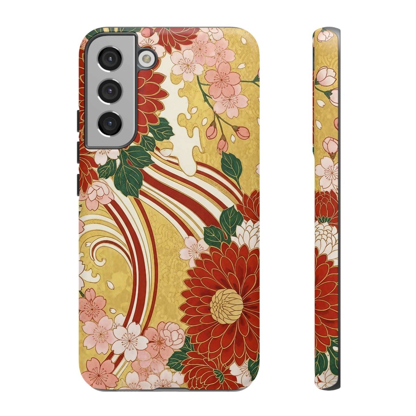 Samsung Case with Japanese floral gold chrysanthemum design, durable and impact-resistant phone cover